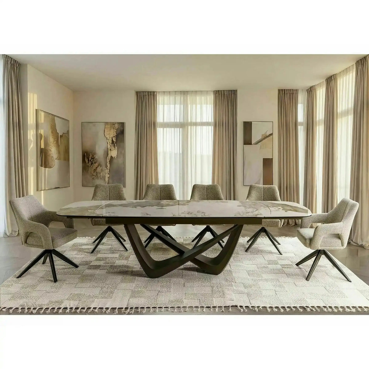 Masă extensibilă MARANELLO, alb/cupru, sticlă securizată/ceramică/metal, 200–290x98x77 cm
