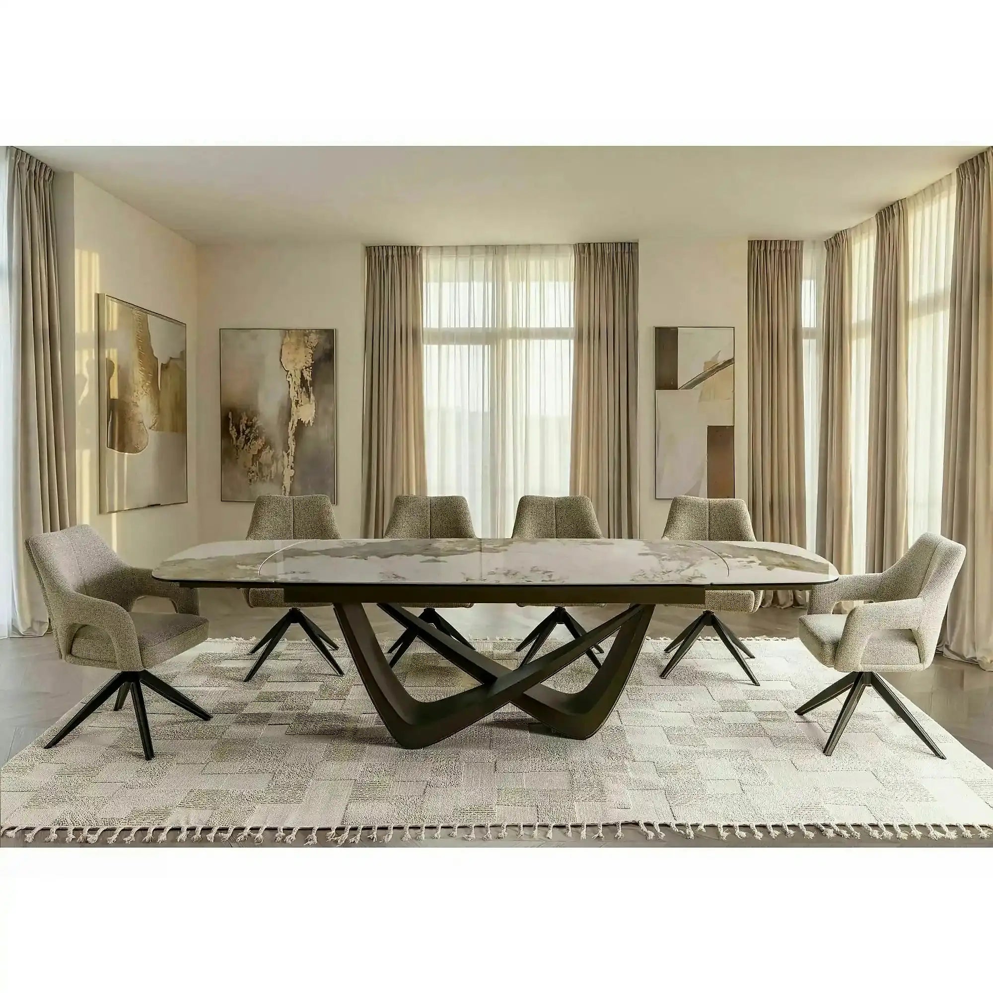 Masă extensibilă MARANELLO, alb/cupru, sticlă securizată/ceramică/metal, 200–290x98x77 cm