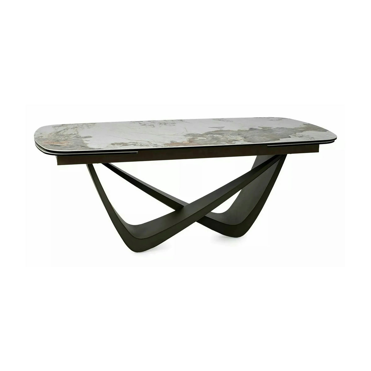 Masă extensibilă MARANELLO, alb/cupru, sticlă securizată/ceramică/metal, 200–290x98x77 cm
