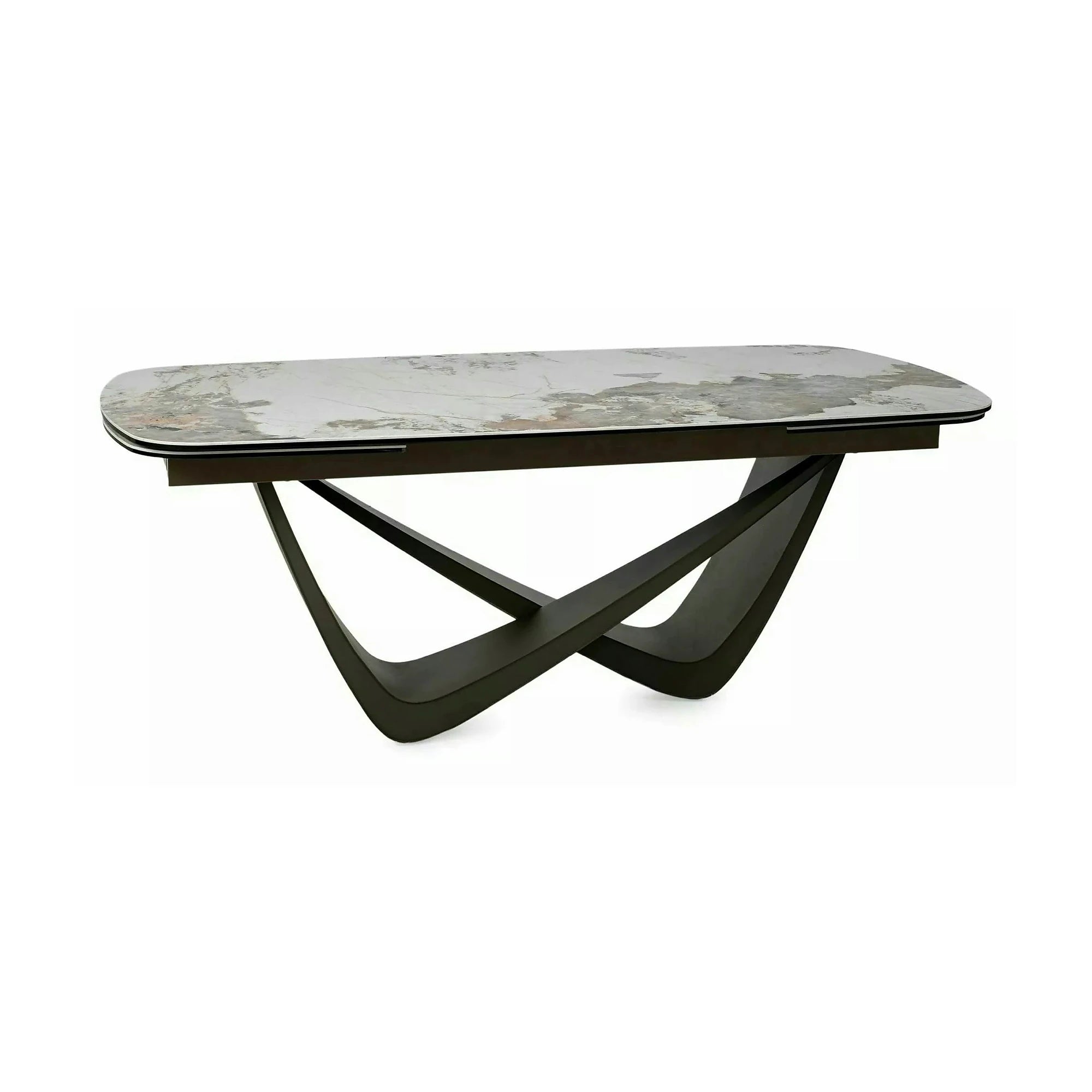 Masă extensibilă MARANELLO, alb/cupru, sticlă securizată/ceramică/metal, 200–290x98x77 cm