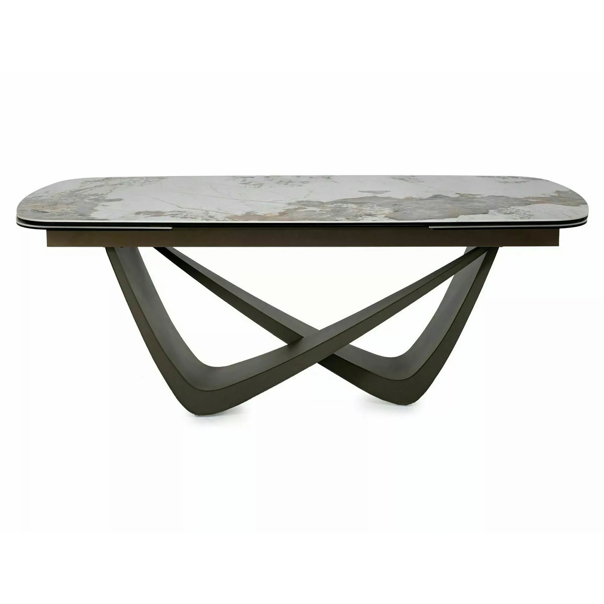 Masă extensibilă MARANELLO, alb/cupru, sticlă securizată/ceramică/metal, 200–290x98x77 cm