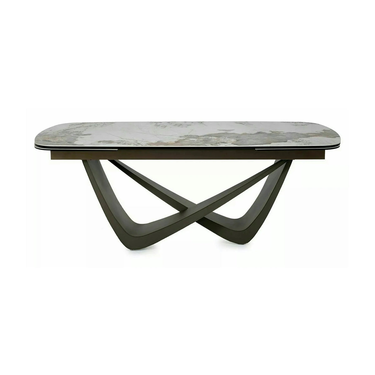 Masă extensibilă MARANELLO, alb/cupru, sticlă securizată/ceramică/metal, 200–290x98x77 cm