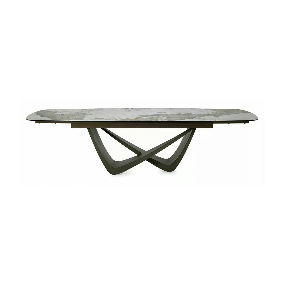 Masă extensibilă MARANELLO, alb/cupru, sticlă securizată/ceramică/metal, 200–290x98x77 cm