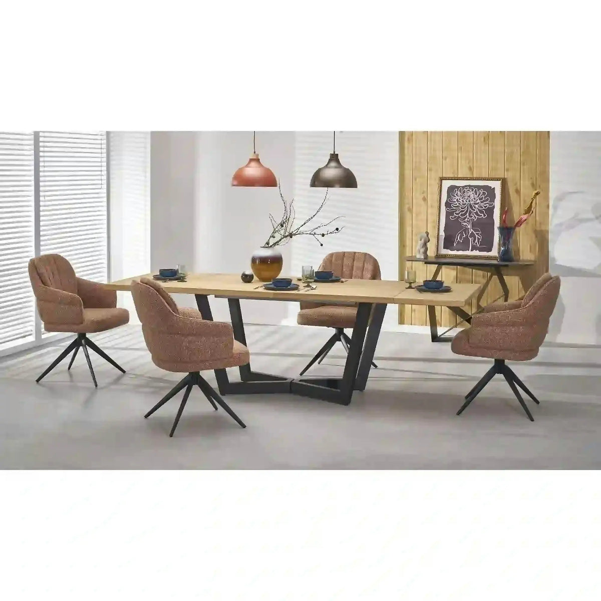 Masa extensibila MASSIVE 2, stejar natural/negru, PAL furniruit/otel, 160-250x90x77 cm