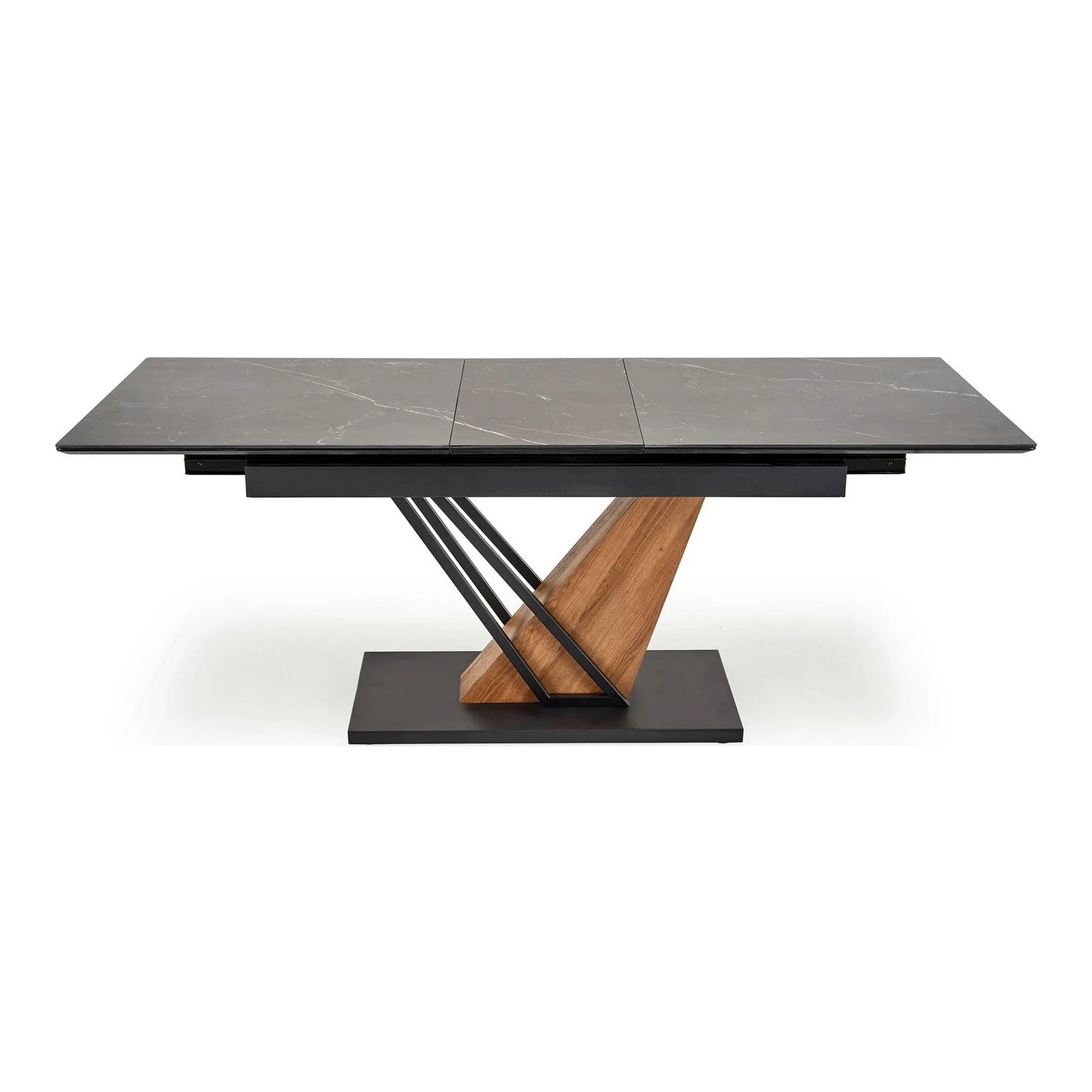 Masa extensibila moderna VOLANT, negru cu efect de marmura/stejar auriu, piatra sinterizata/otel, 140/180x90x76 cm