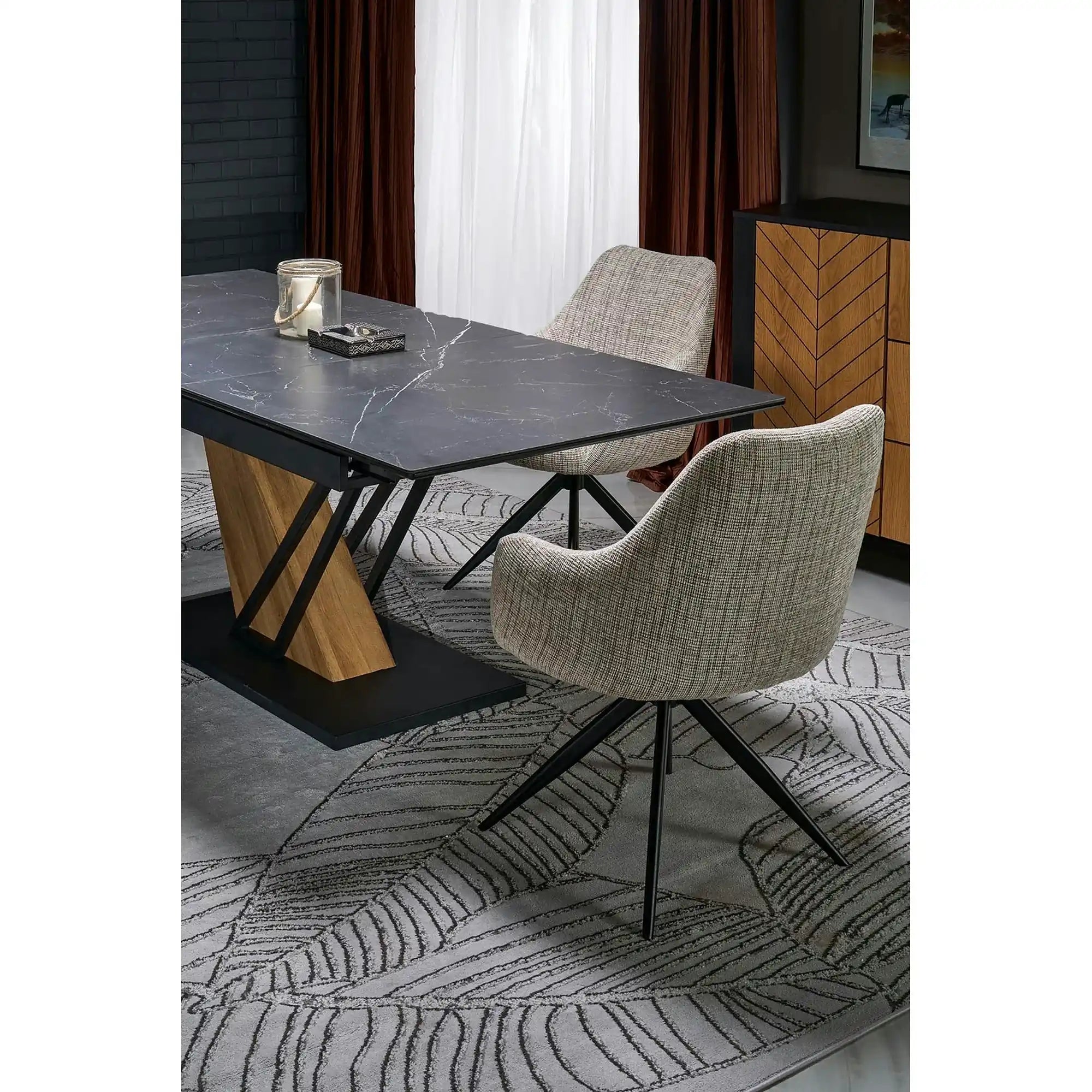 Masa extensibila moderna VOLANT, negru cu efect de marmura/stejar auriu, piatra sinterizata/otel, 140/180x90x76 cm