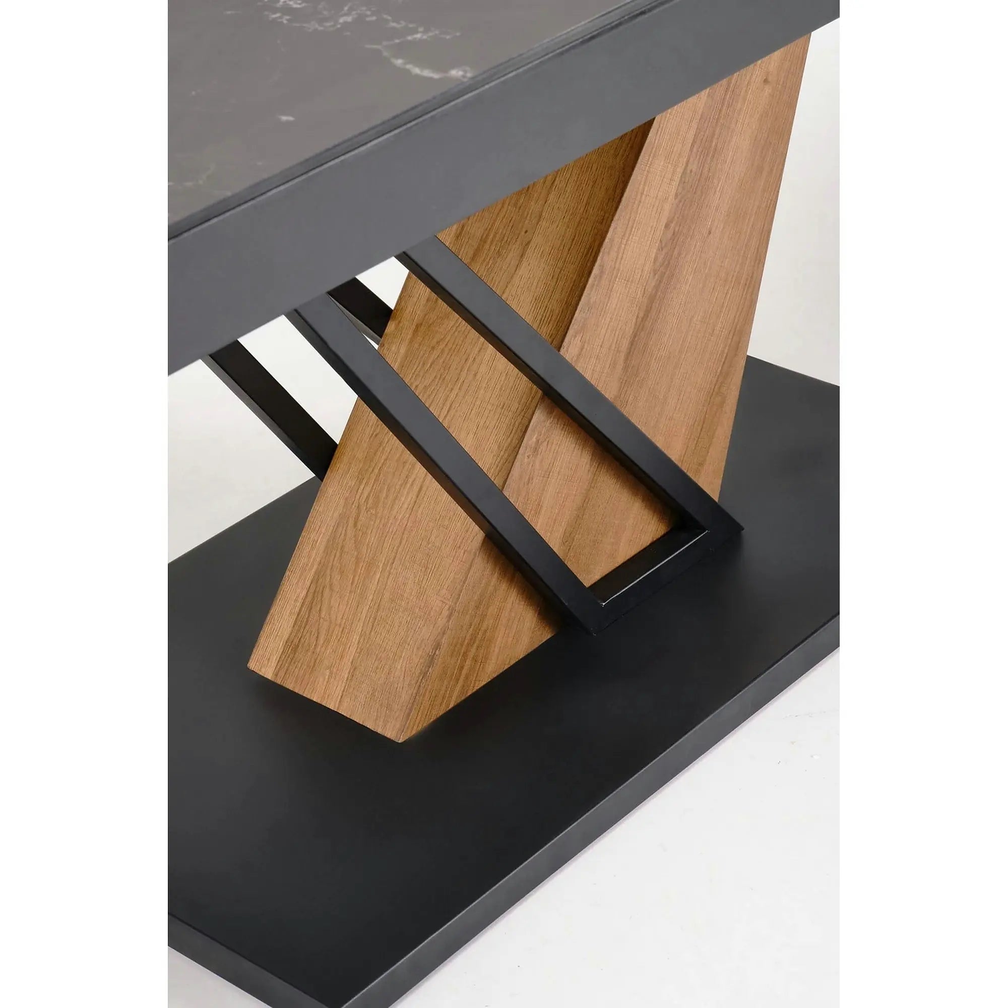 Masa extensibila moderna VOLANT, negru cu efect de marmura/stejar auriu, piatra sinterizata/otel, 140/180x90x76 cm