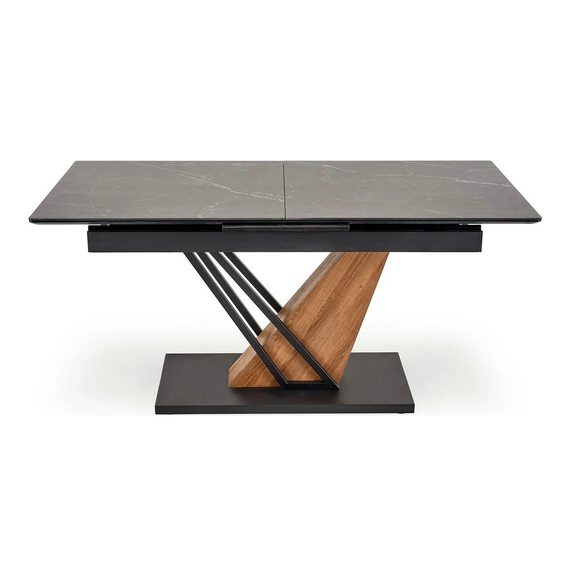 Masa extensibila moderna VOLANT, negru cu efect de marmura/stejar auriu, piatra sinterizata/otel, 140/180x90x76 cm