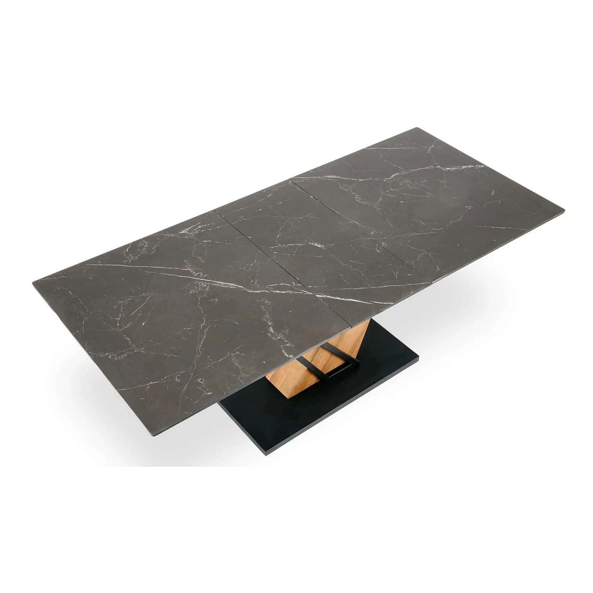 Masa extensibila moderna VOLANT, negru cu efect de marmura/stejar auriu, piatra sinterizata/otel, 140/180x90x76 cm