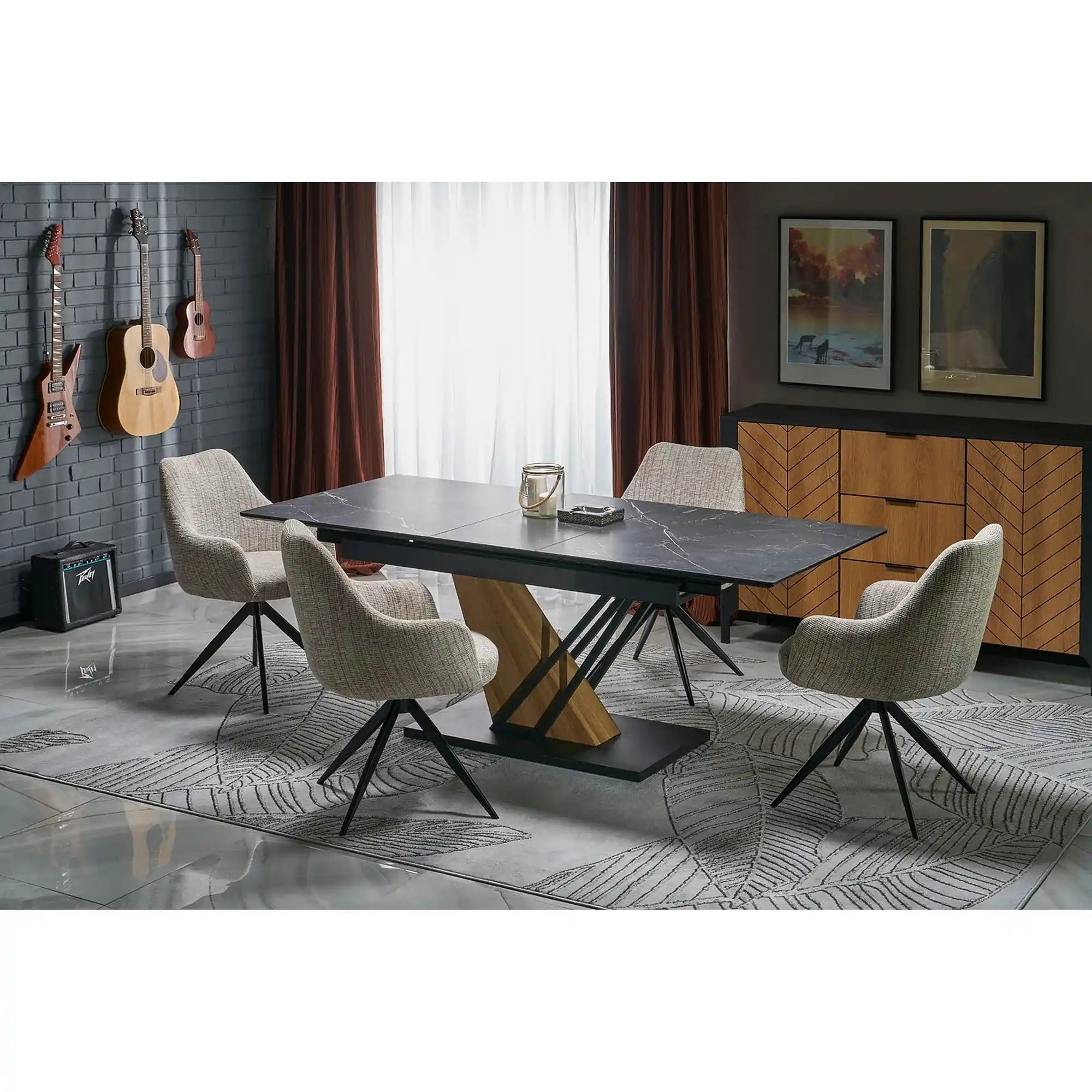Masa extensibila moderna VOLANT, negru cu efect de marmura/stejar auriu, piatra sinterizata/otel, 140/180x90x76 cm