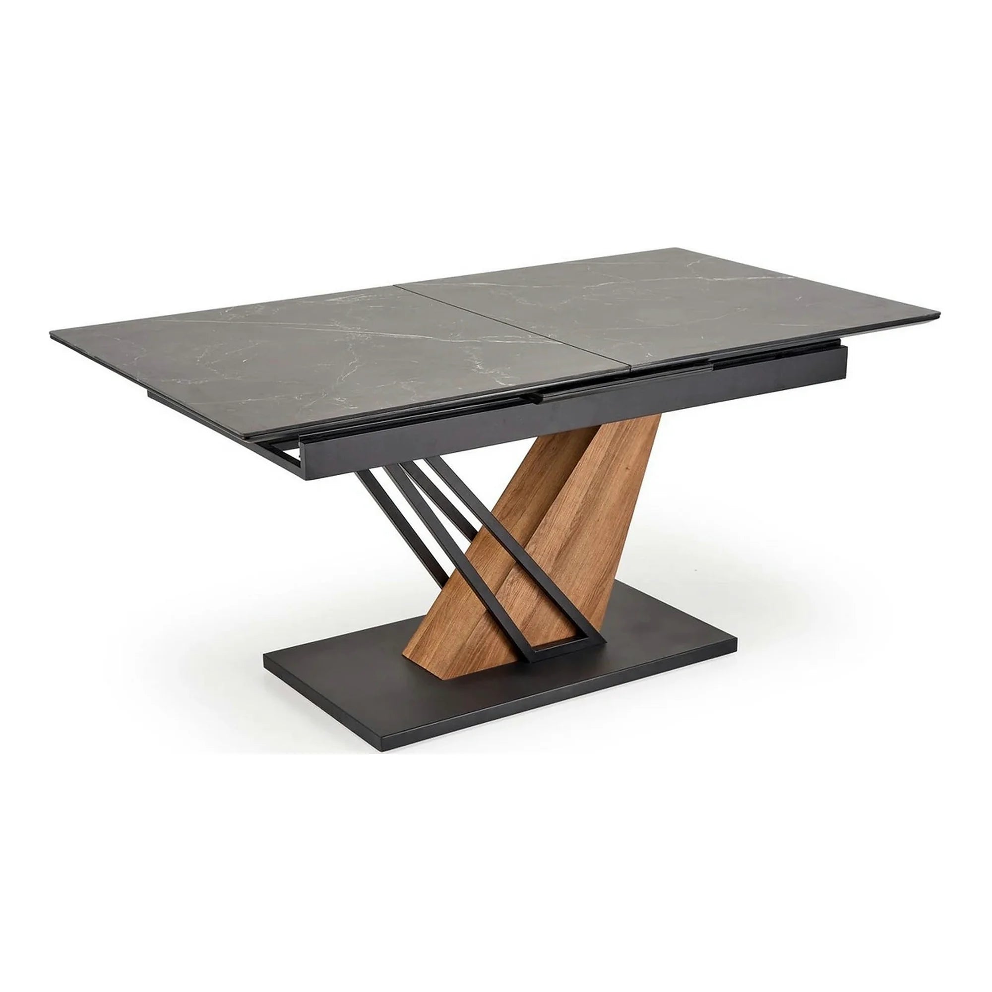 Masa extensibila moderna VOLANT, negru cu efect de marmura/stejar auriu, piatra sinterizata/otel, 160/200x90x76 cm