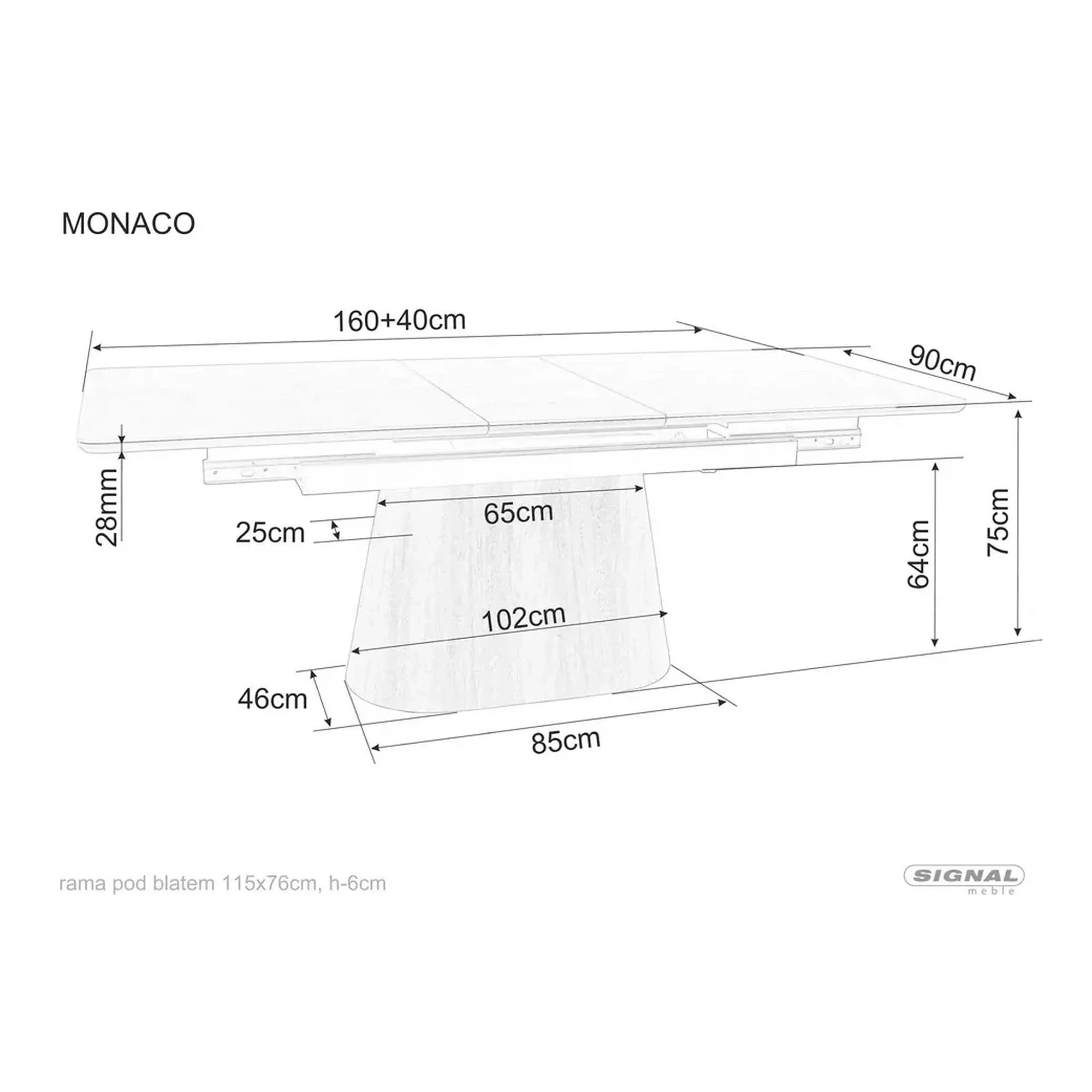 Masa extensibila MONACO, negru cu efect de marmura/nuc, 160/200x90x75 cm