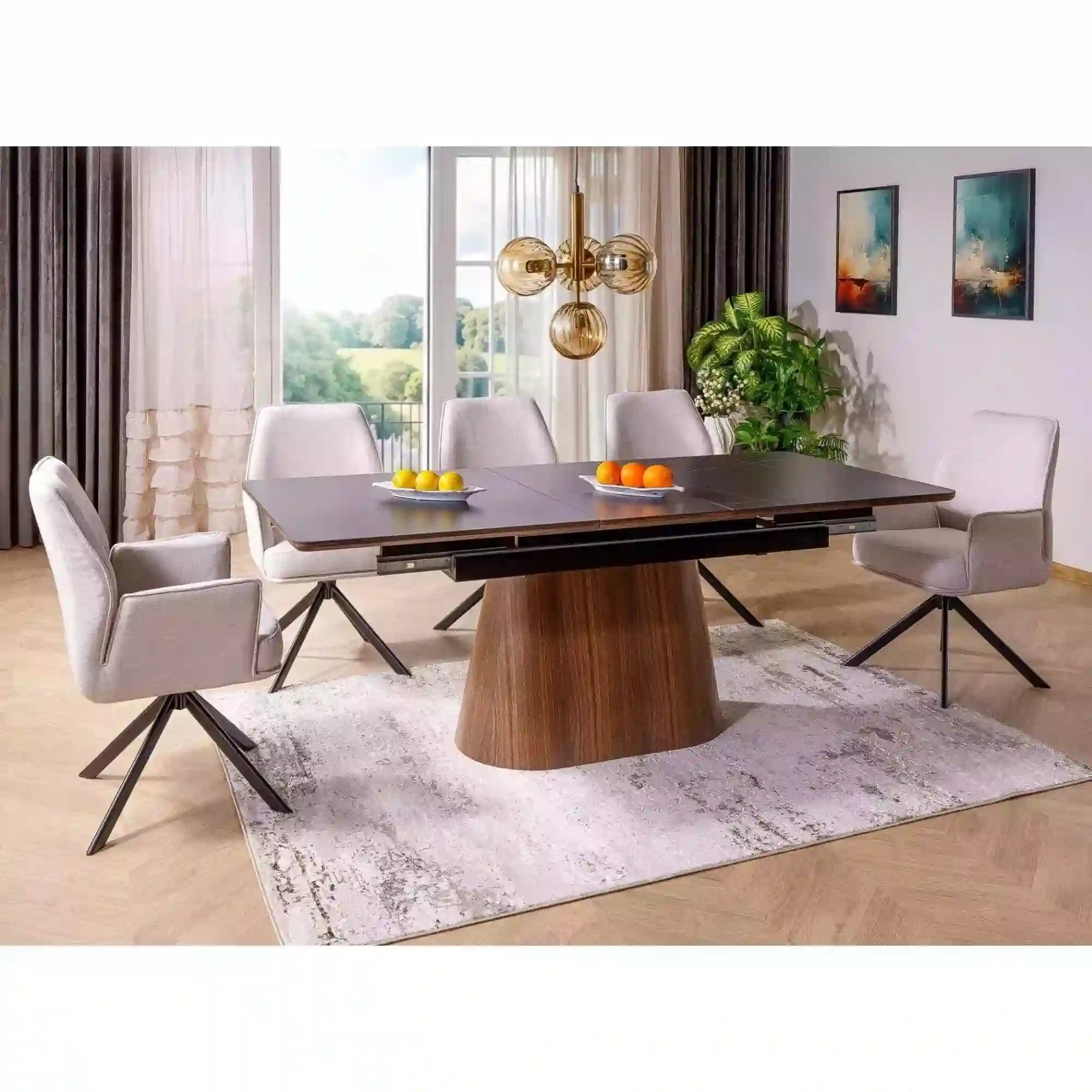 Masa extensibila MONACO, negru cu efect de marmura/nuc, 160/200x90x75 cm