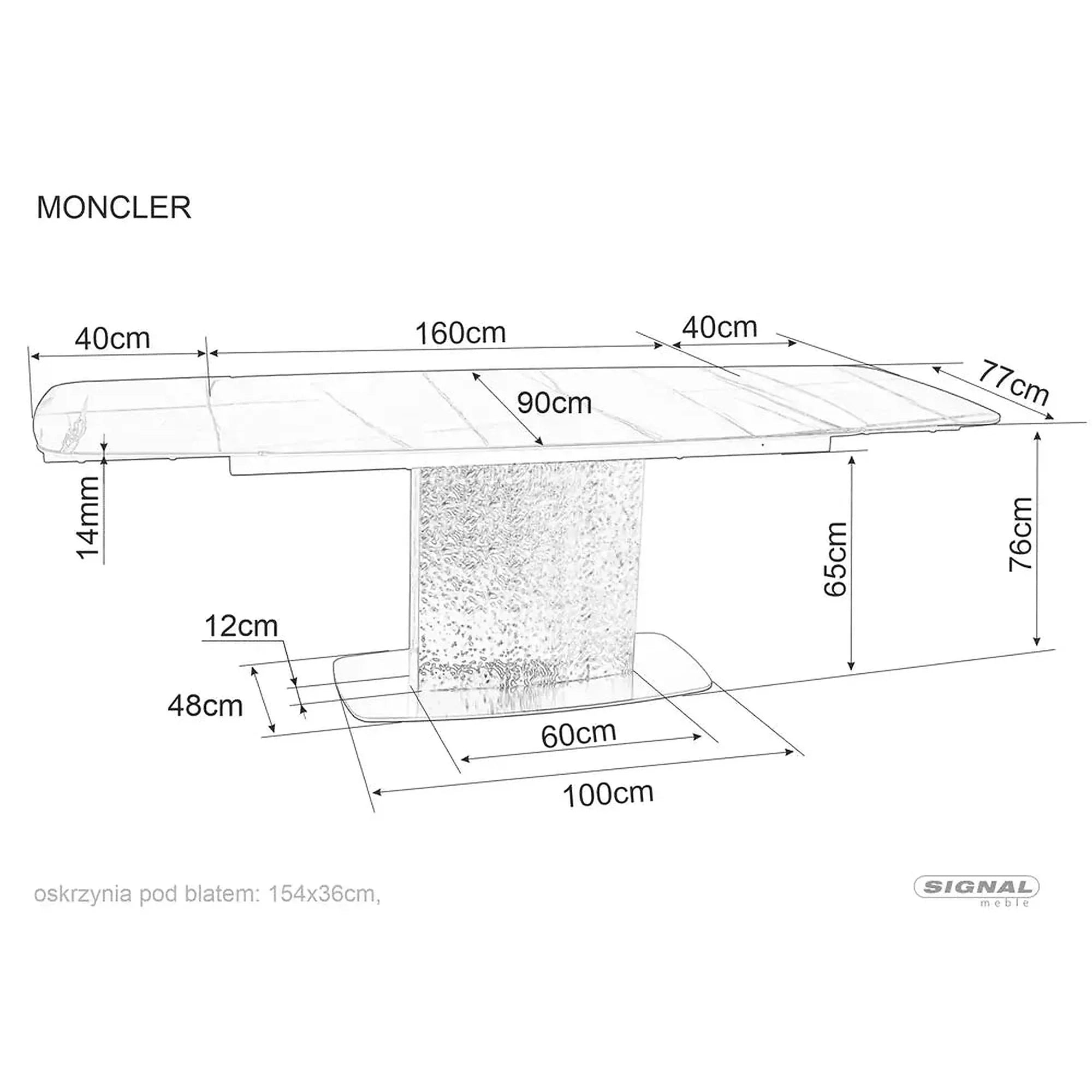 Masa extensibila MONCLER, negru/crom, sticla/ceramica/metal, 160/240x90x76 cm