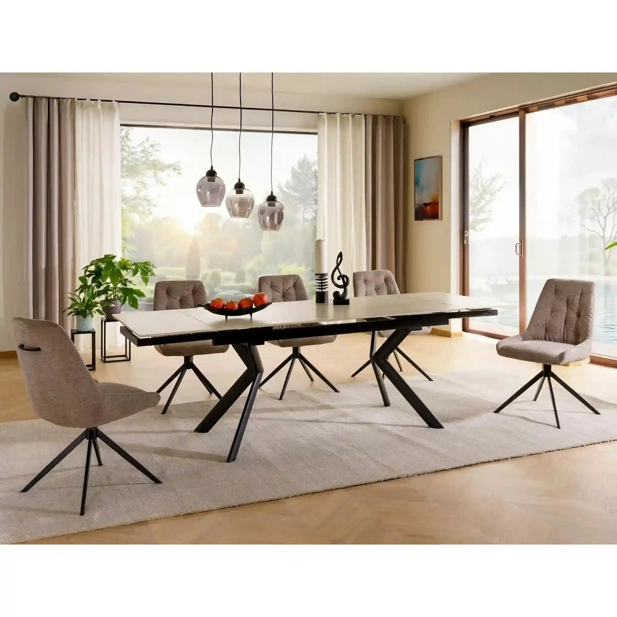 Masa extensibila NORTON, piatra travertin/negru, ceramica/metal, 160/240x90x75 cm