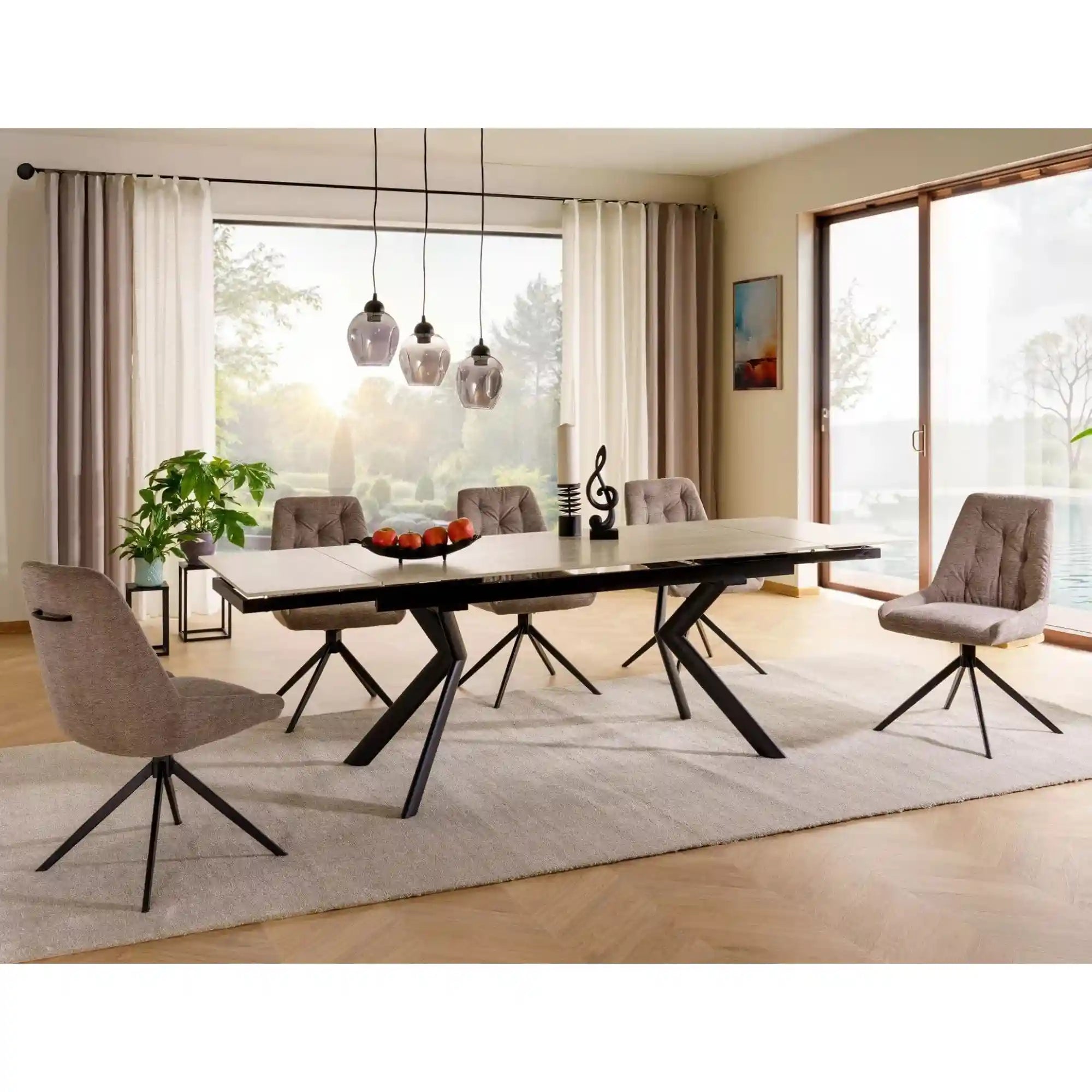 Masa extensibila NORTON, piatra travertin/negru, ceramica/metal, 160/240x90x75 cm