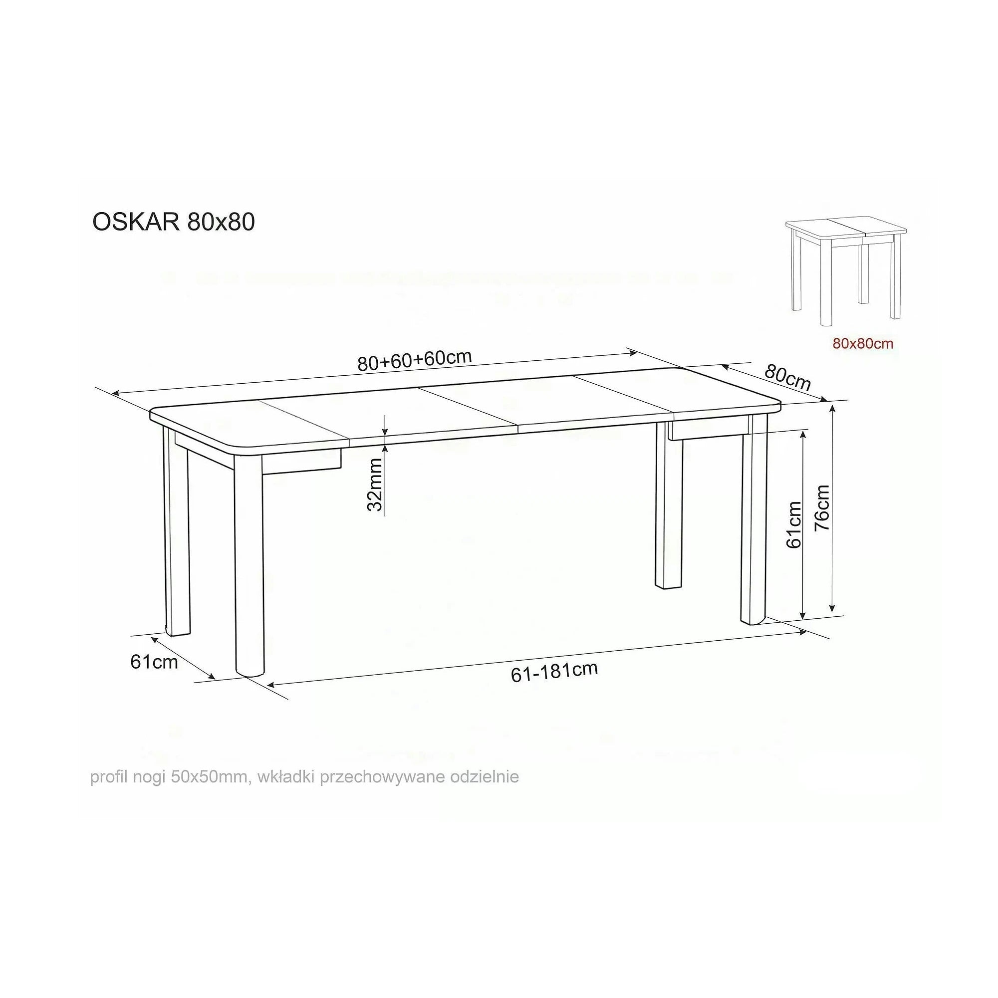 Masă extensibilă OSKAR, stejar artizanal/negru, PAL laminat/MDF, 80–200x80x76 cm