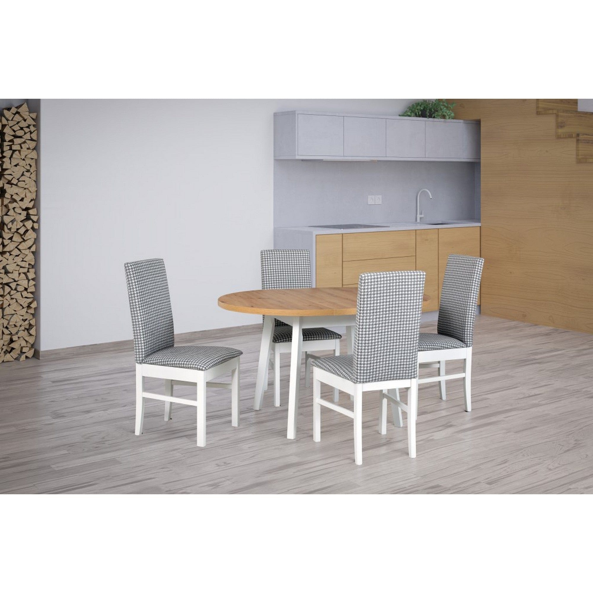 Masa extensibila OSLO 3L, alb/stejar artisan, PAL laminat/lemn de fag, 100/130x100x75 cm