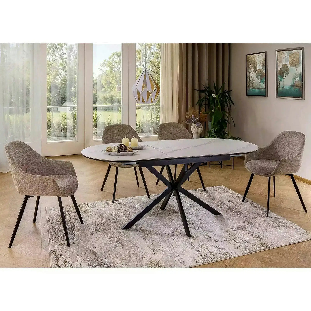 Masa extensibila pentru sufragerie GASTON, alb/negru, ceramica/metal, 140/180x80x76 cm