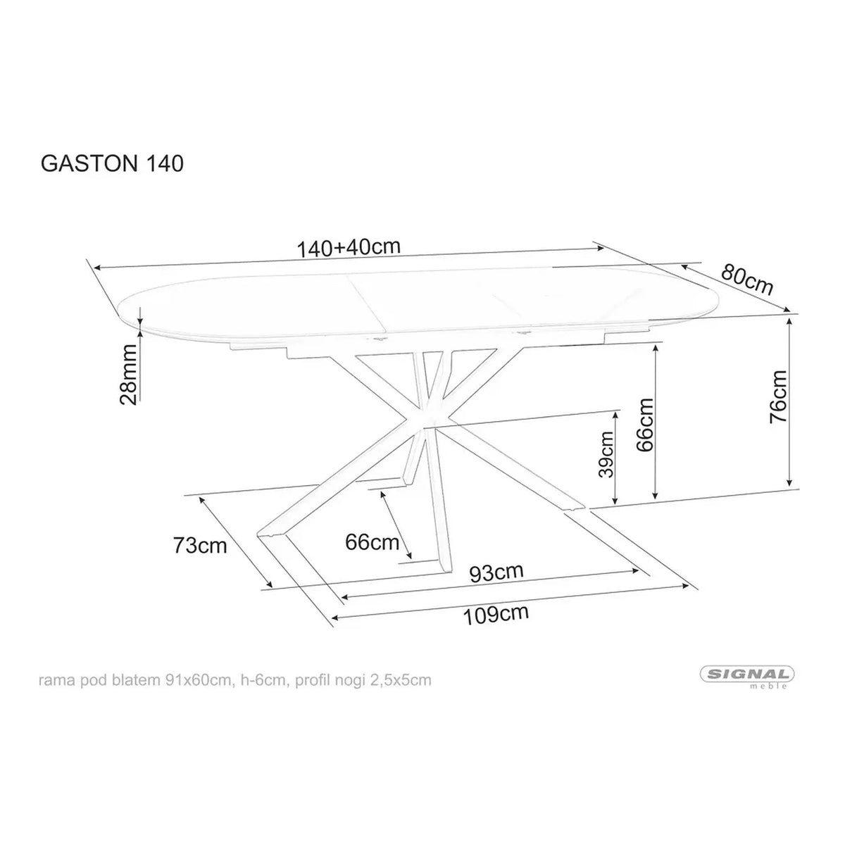 Masa extensibila pentru sufragerie GASTON, alb/negru, ceramica/metal, 140/180x80x76 cm