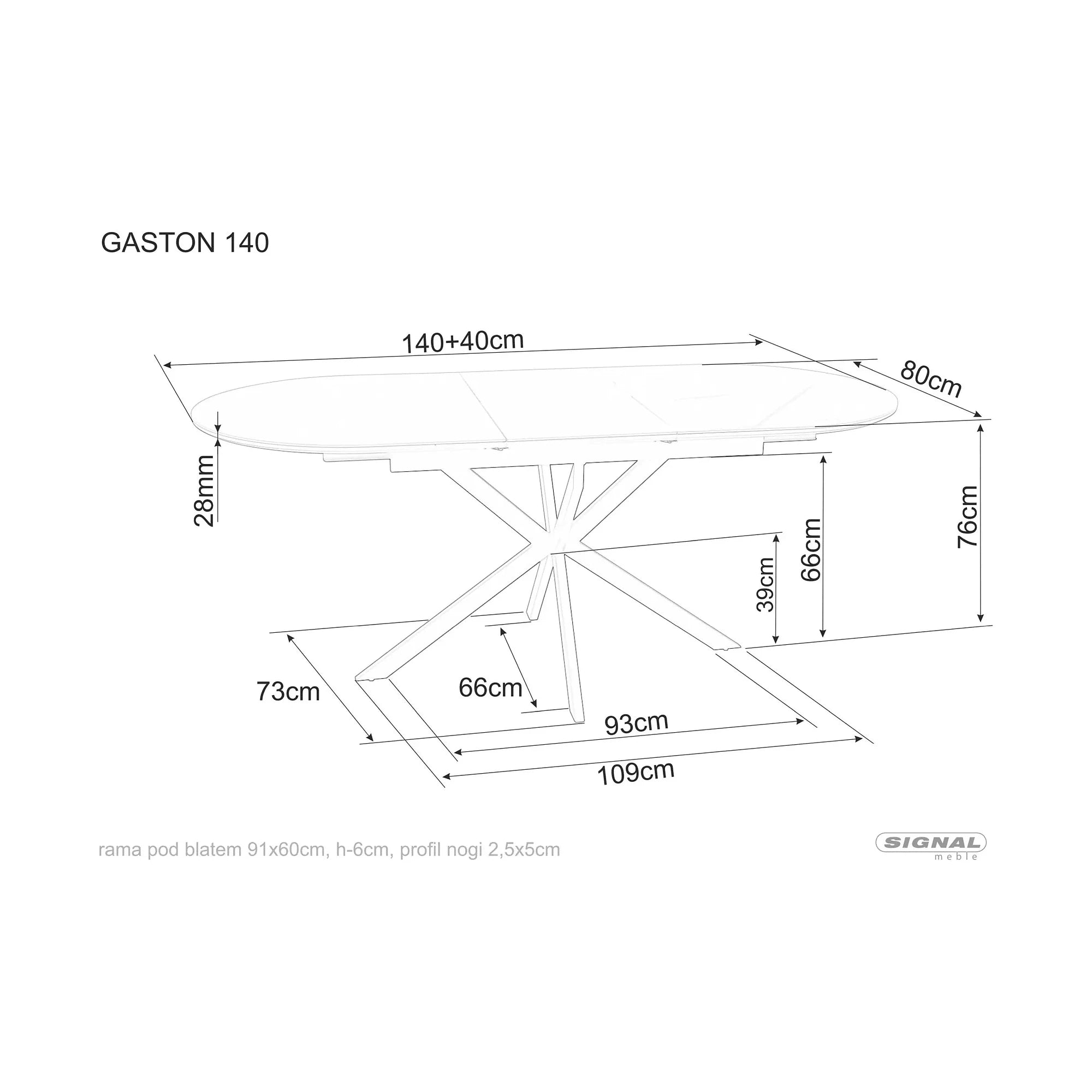 Masa extensibila pentru sufragerie GASTON, alb/negru, ceramica/metal, 140/180x80x76 cm