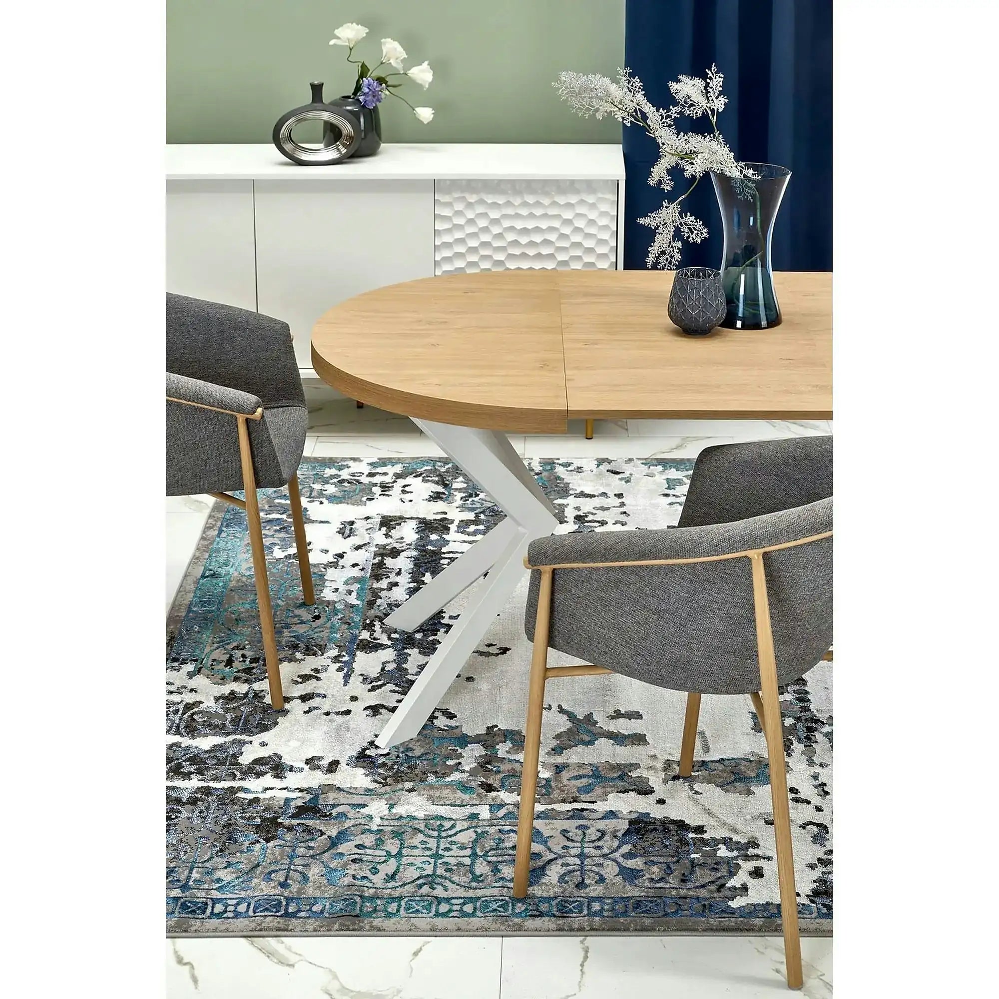 Masa extensibila PERONI, stejar auriu/alb, PAL furniruit/otel, 100/250x100x75 cm