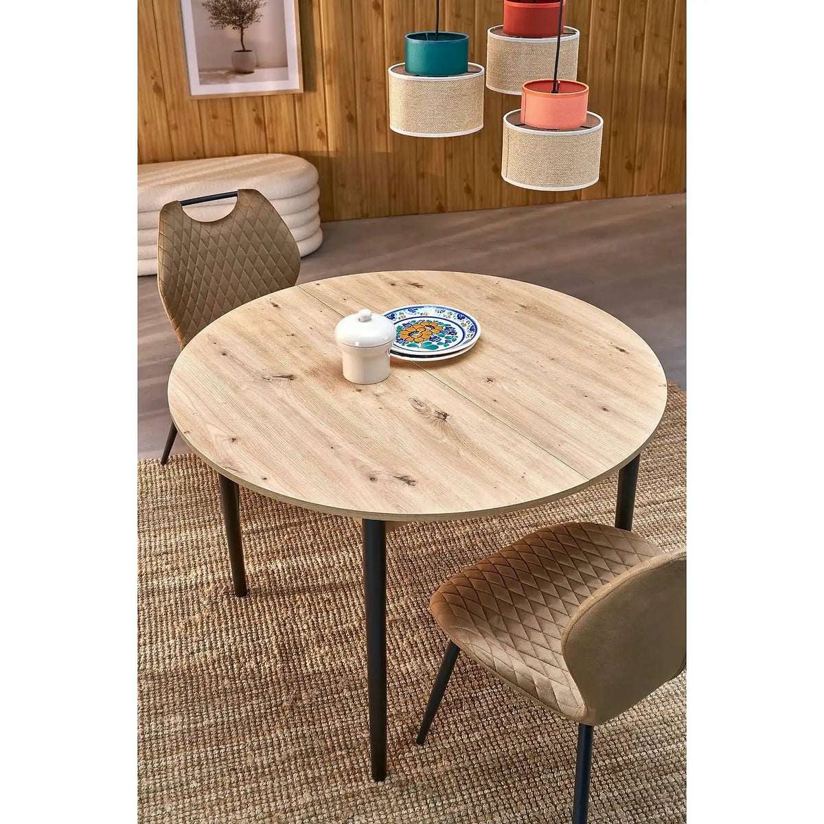 Masa extensibila PIVOT, stejar artisan/negru, PAL laminat/lemn, 102/142x102x75 cm