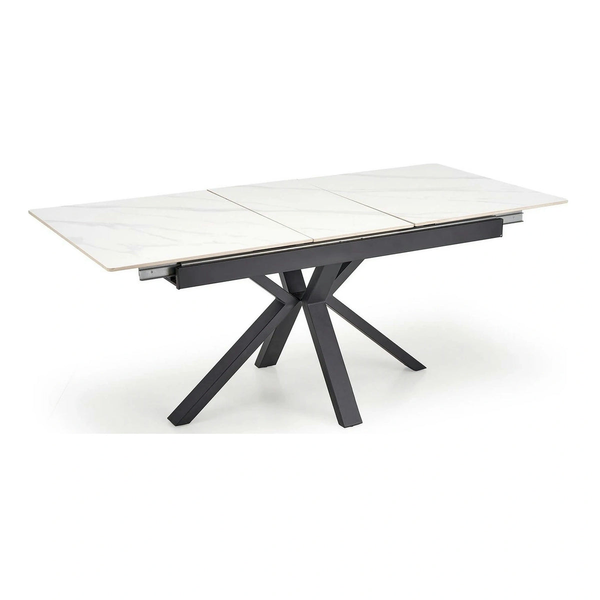 Masa extensibila PLATAN, alb cu efect de marmura/negru, piatra sinterizata/otel, 140/180x85x76 cm