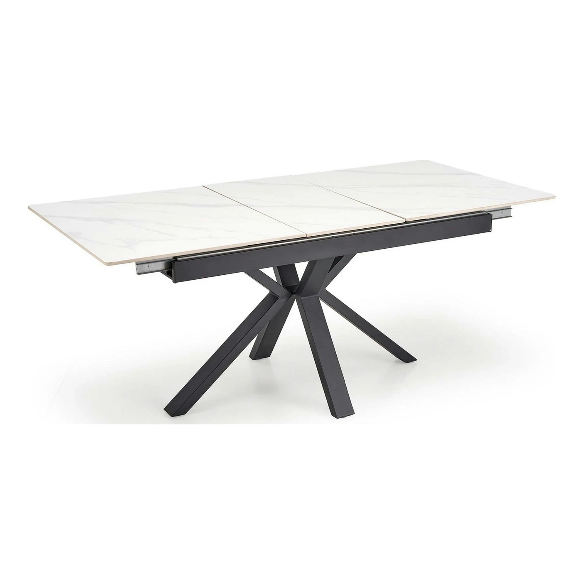 Masa extensibila PLATAN, alb cu efect de marmura/negru, piatra sinterizata/otel, 140/180x85x76 cm