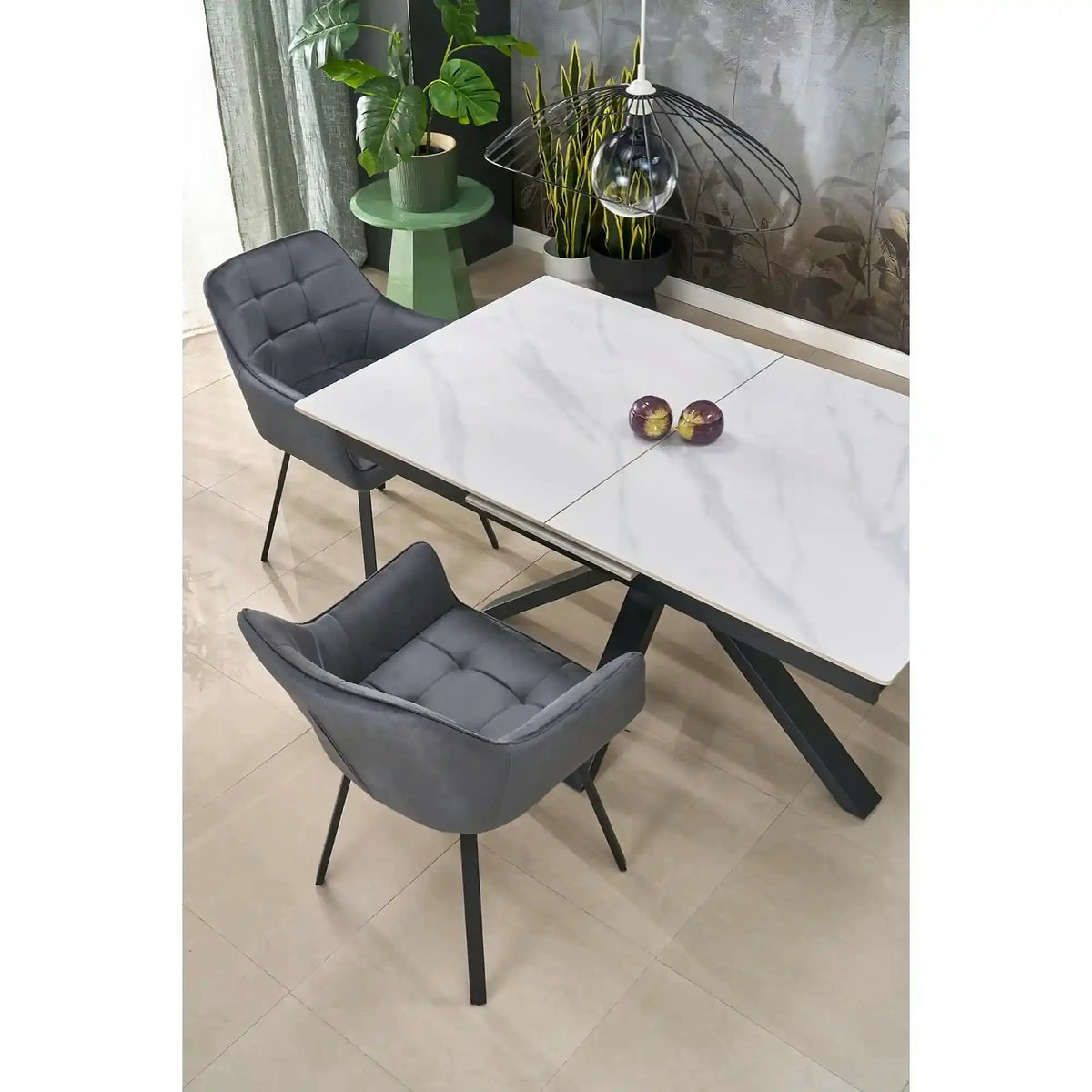 Masa extensibila PLATAN, alb cu efect de marmura/negru, piatra sinterizata/otel, 140/180x85x76 cm