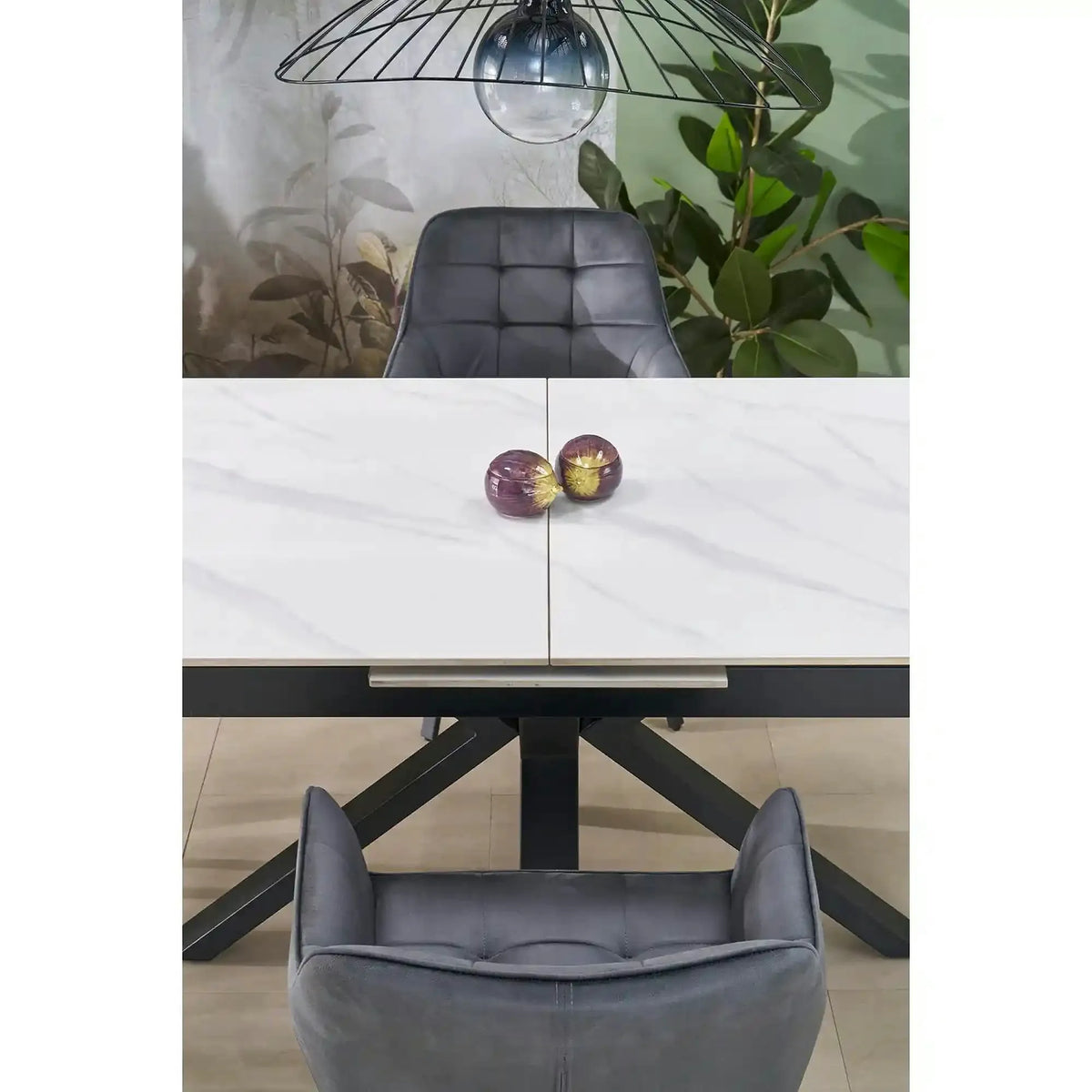 Masa extensibila PLATAN, alb cu efect de marmura/negru, piatra sinterizata/otel, 140/180x85x76 cm