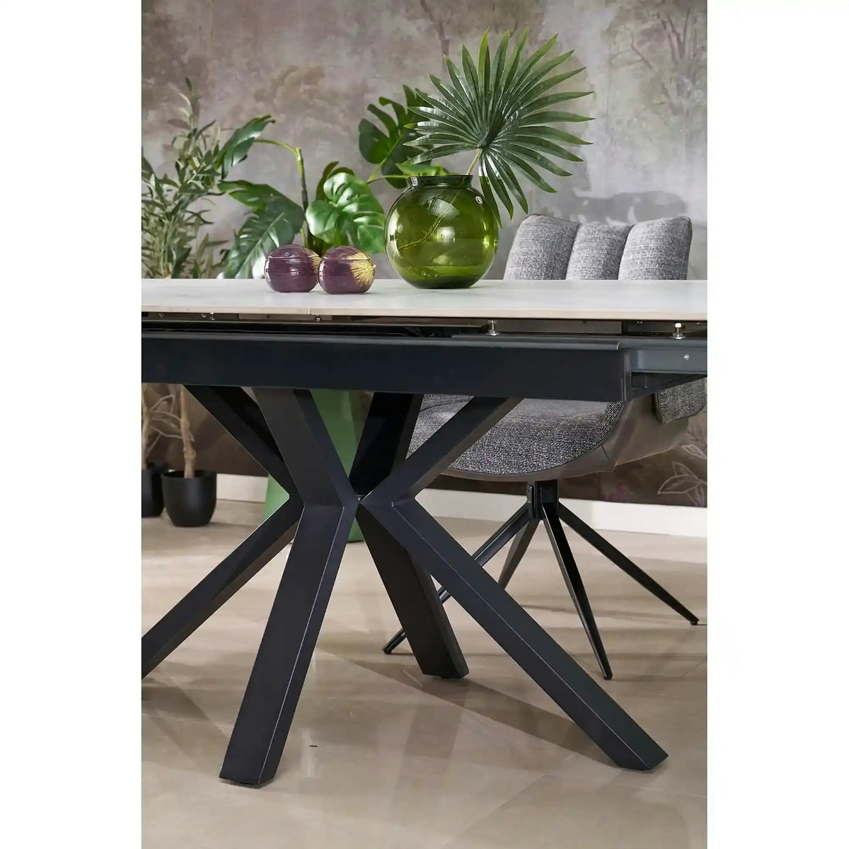 Masa extensibila PLATAN, alb cu efect de marmura/negru, piatra sinterizata/otel, 140/180x85x76 cm