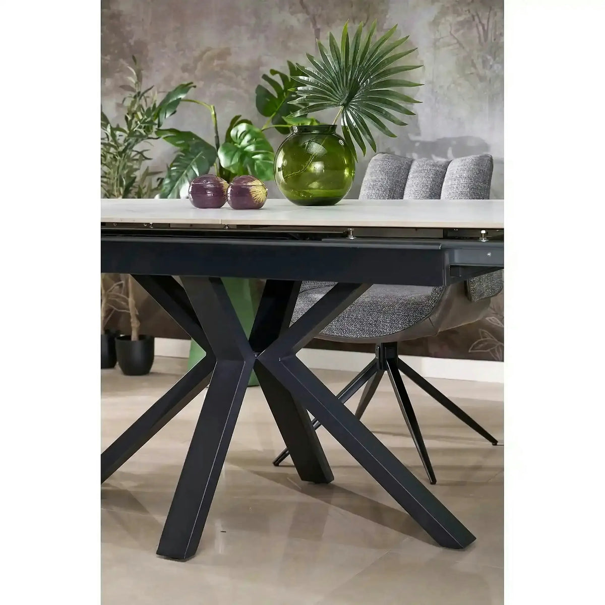 Masa extensibila PLATAN, alb cu efect de marmura/negru, piatra sinterizata/otel, 140/180x85x76 cm