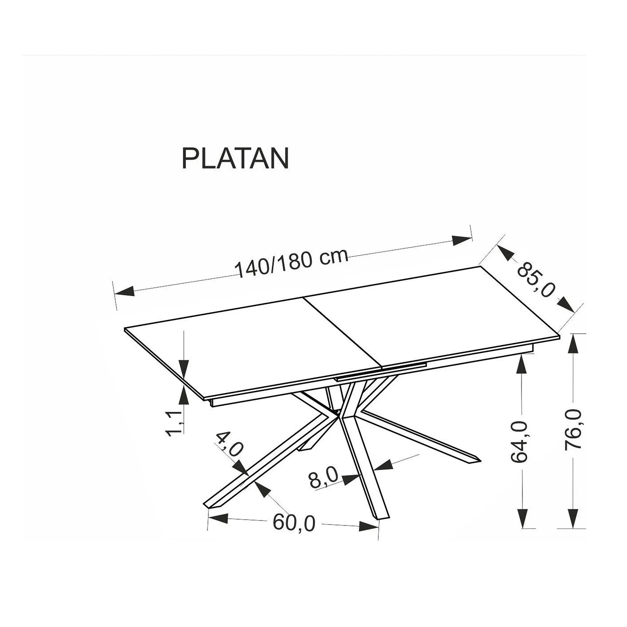 Masa extensibila PLATAN, alb cu efect de marmura/negru, piatra sinterizata/otel, 140/180x85x76 cm