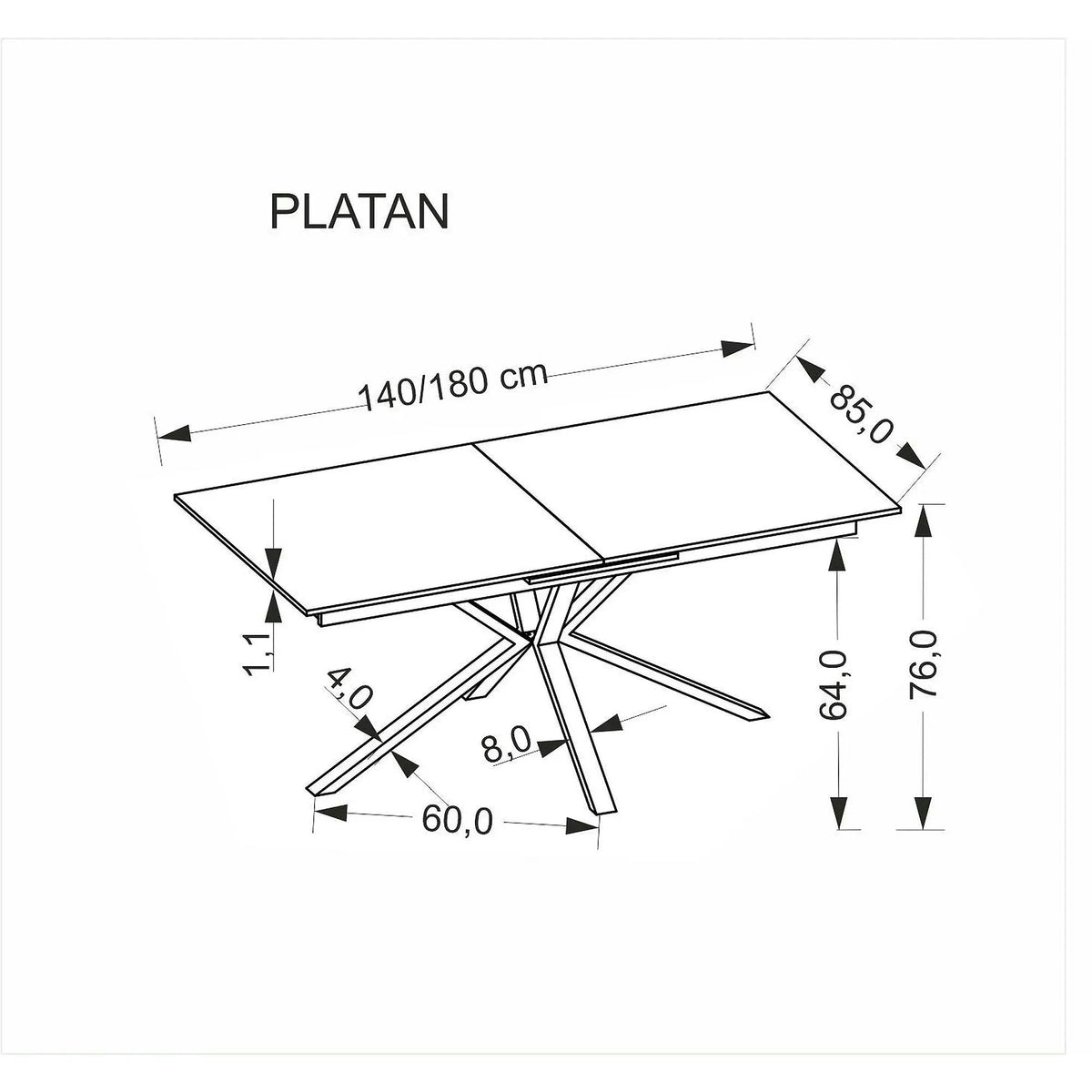 Masa extensibila PLATAN, alb cu efect de marmura/negru, piatra sinterizata/otel, 140/180x85x76 cm
