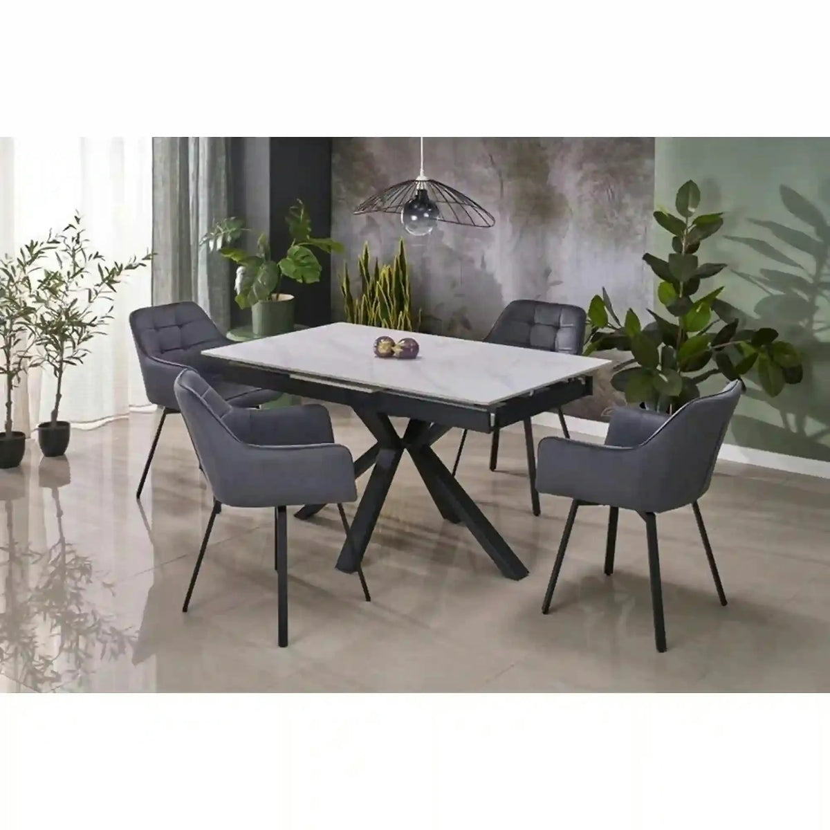 Masa extensibila PLATAN, alb cu efect de marmura/negru, piatra sinterizata/otel, 140/180x85x76 cm