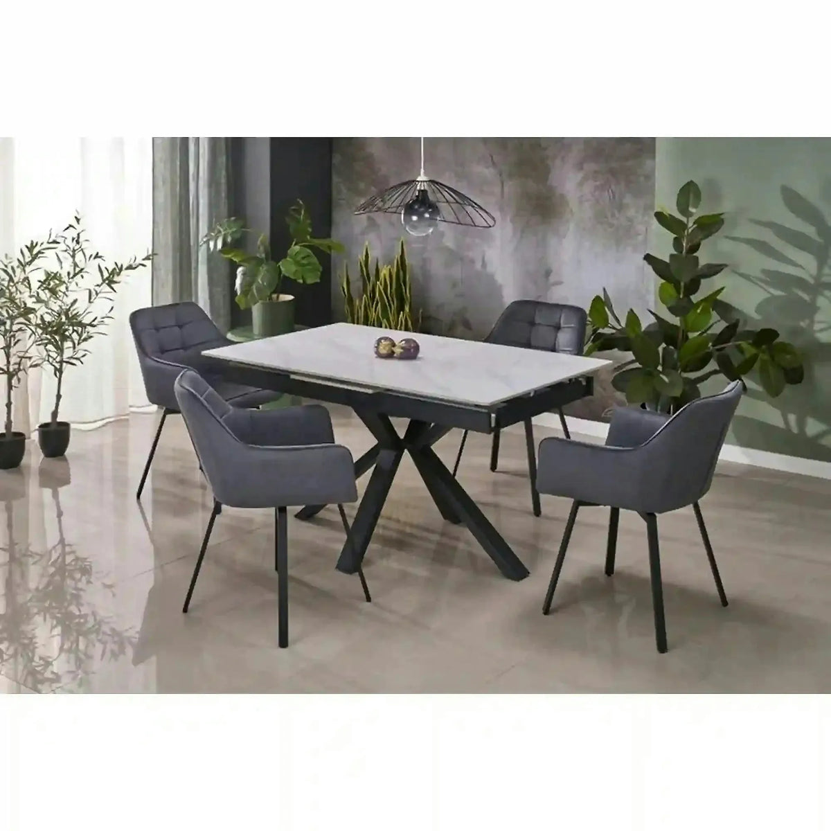 Masa extensibila PLATAN, alb cu efect de marmura/negru, piatra sinterizata/otel, 140/180x85x76 cm