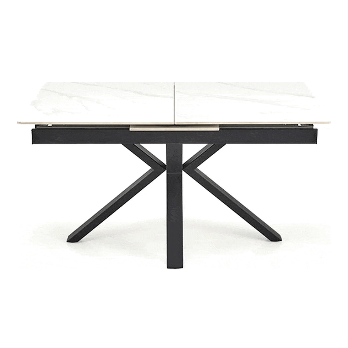 Masa extensibila PLATAN, alb cu efect de marmura/negru, piatra sinterizata/otel, 140/180x85x76 cm