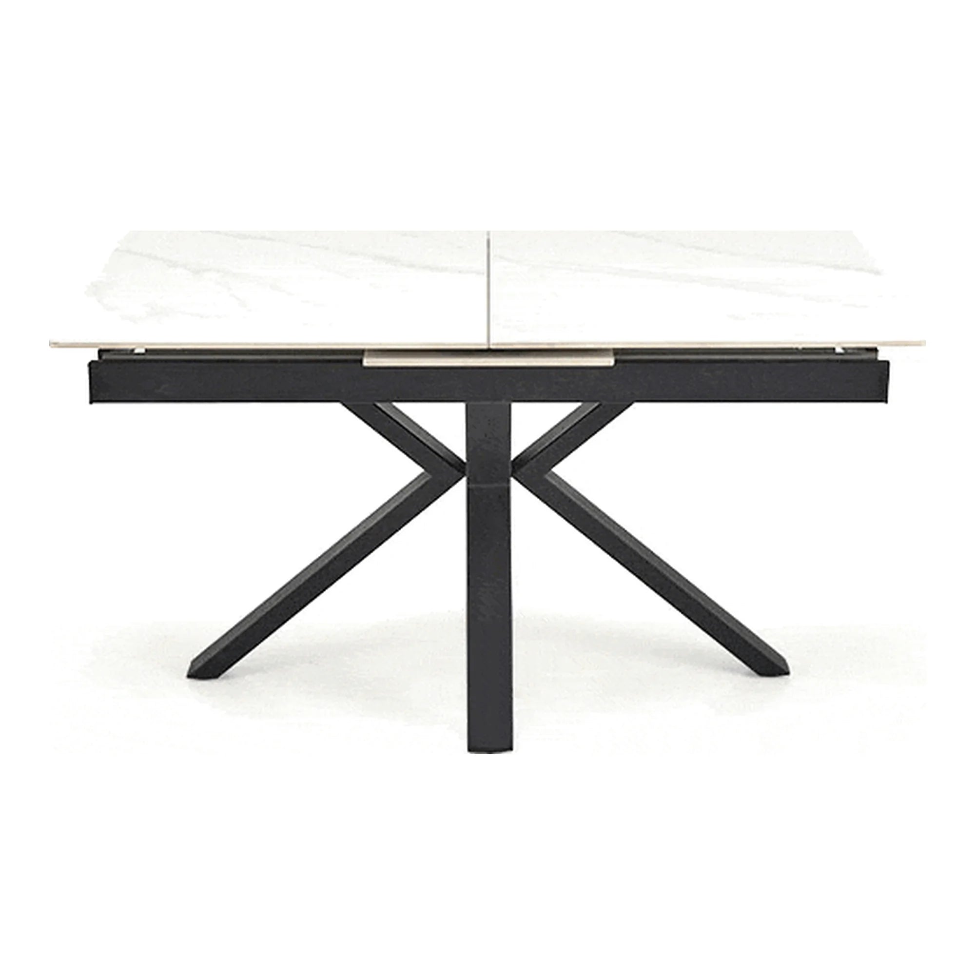 Masa extensibila PLATAN, alb cu efect de marmura/negru, piatra sinterizata/otel, 140/180x85x76 cm