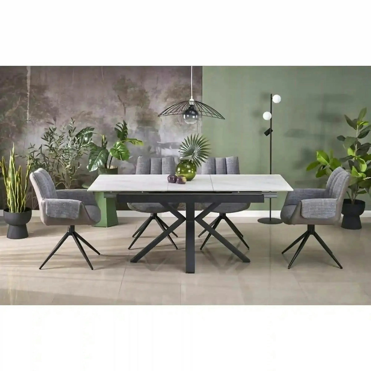 Masa extensibila PLATAN, alb cu efect de marmura/negru, piatra sinterizata/otel, 140/180x85x76 cm
