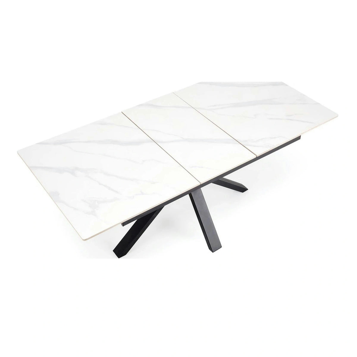 Masa extensibila PLATAN, alb cu efect de marmura/negru, piatra sinterizata/otel, 140/180x85x76 cm