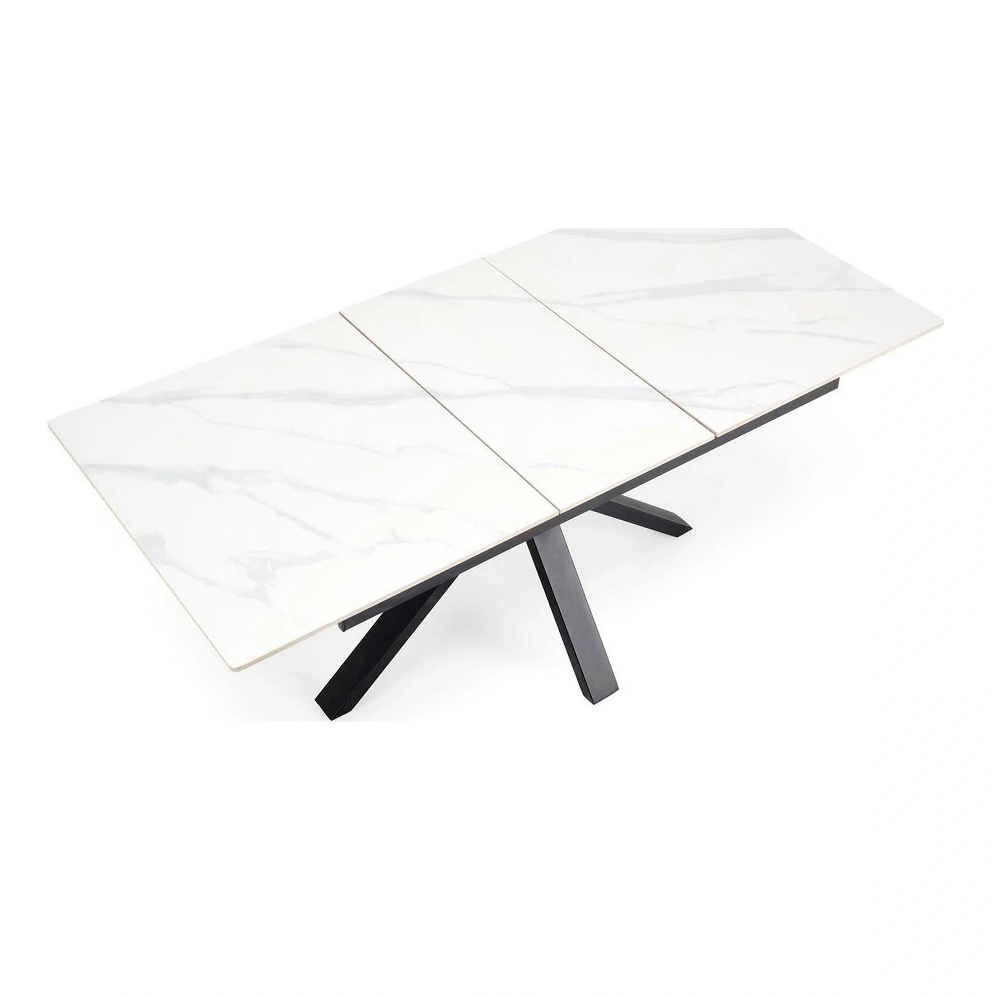 Masa extensibila PLATAN, alb cu efect de marmura/negru, piatra sinterizata/otel, 140/180x85x76 cm