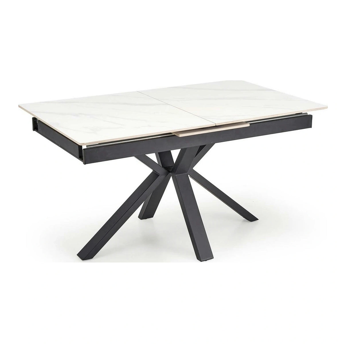 Masa extensibila PLATAN, alb cu efect de marmura/negru, piatra sinterizata/otel, 140/180x85x76 cm