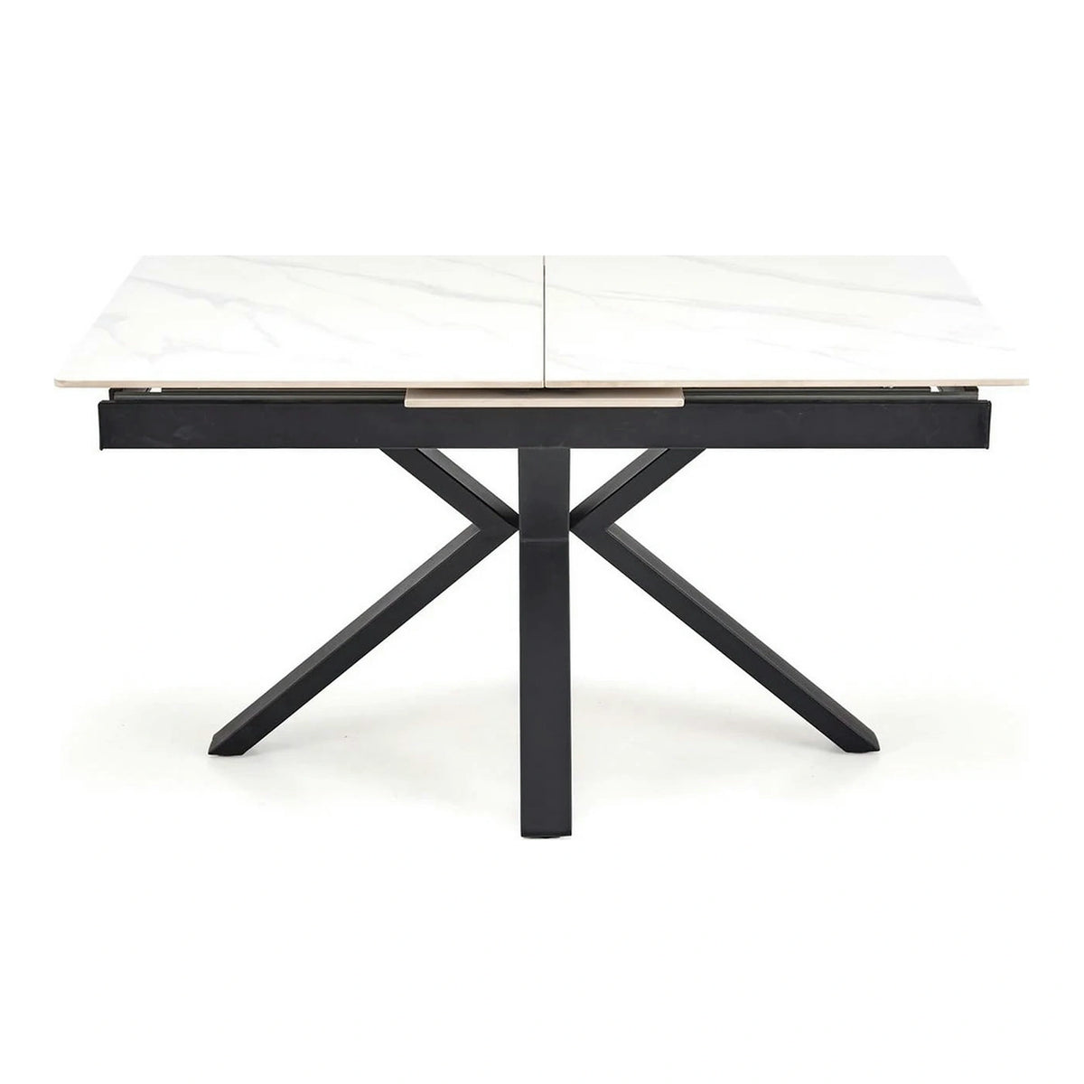 Masa extensibila PLATAN, alb cu efect de marmura/negru, piatra sinterizata/otel, 140/180x85x76 cm