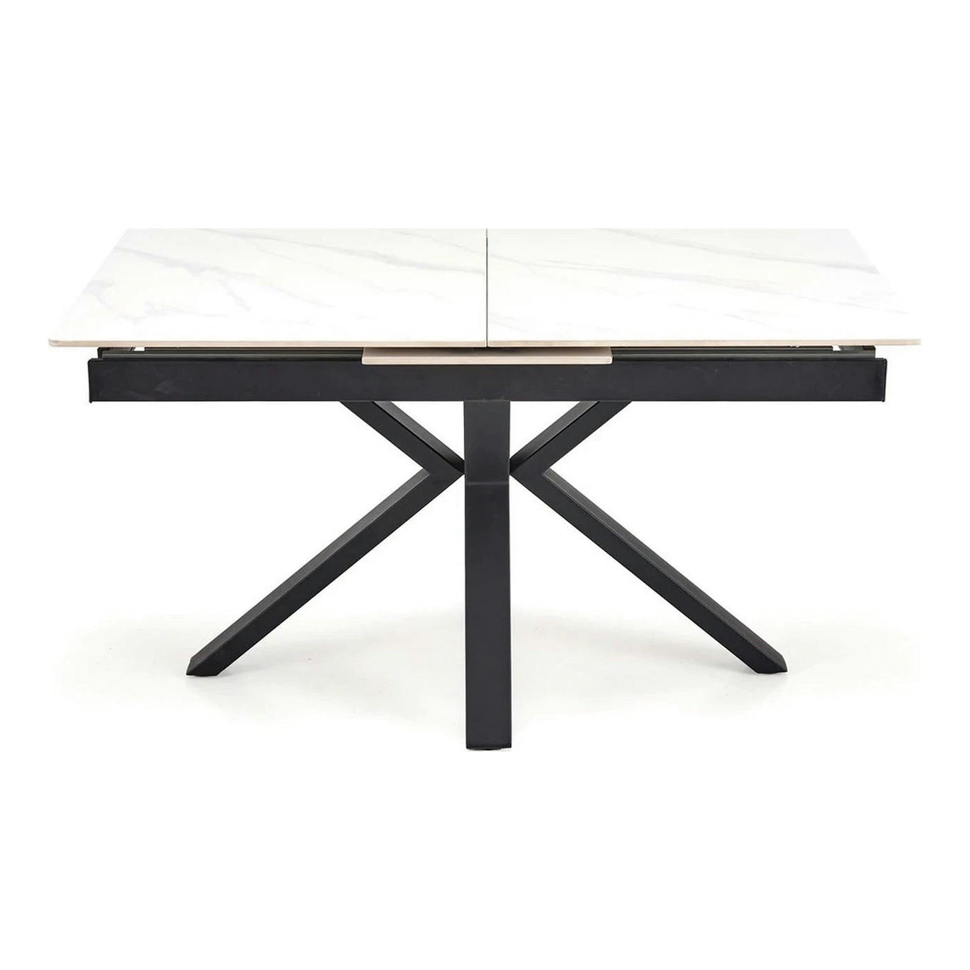 Masa extensibila PLATAN, alb cu efect de marmura/negru, piatra sinterizata/otel, 140/180x85x76 cm