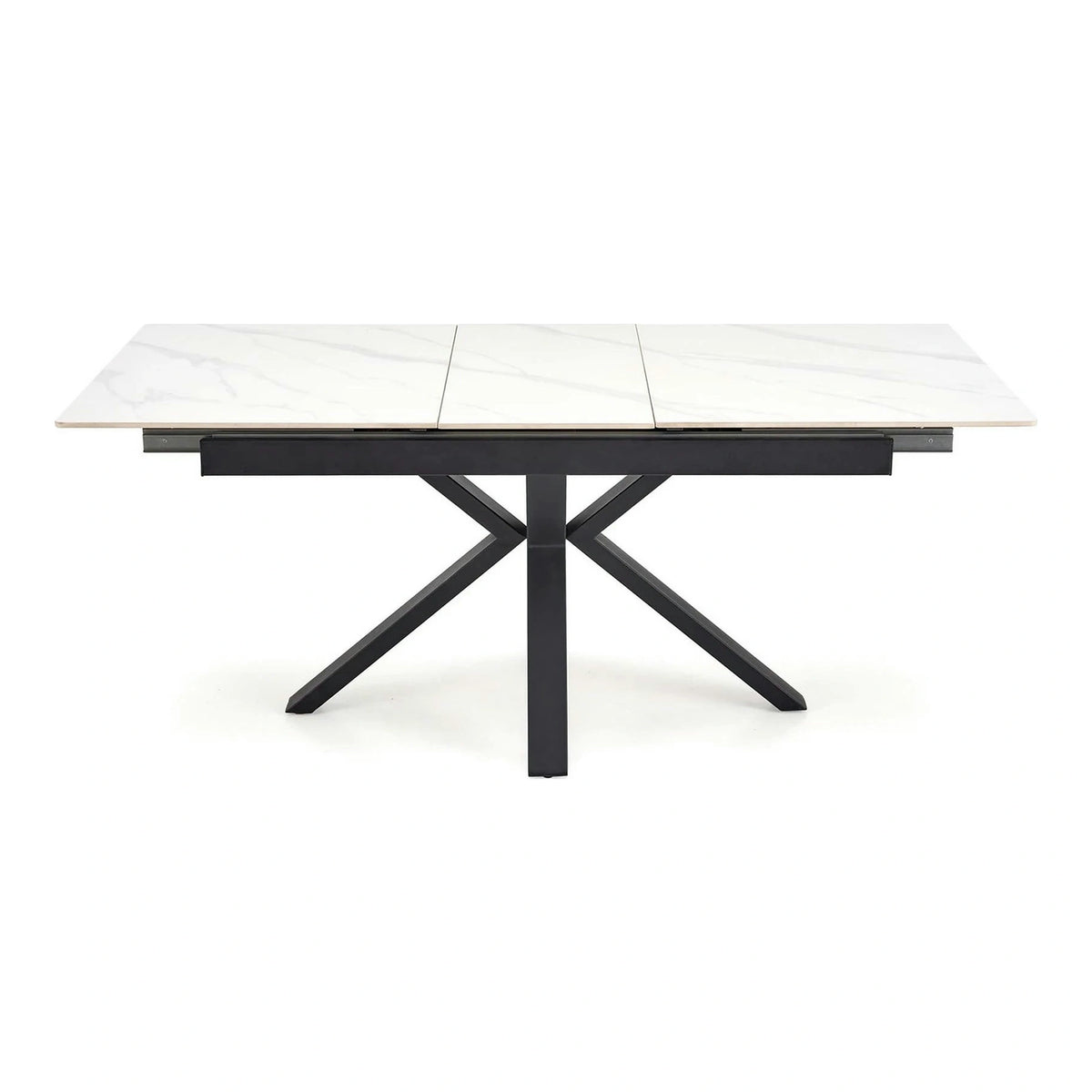 Masa extensibila PLATAN, alb cu efect de marmura/negru, piatra sinterizata/otel, 140/180x85x76 cm