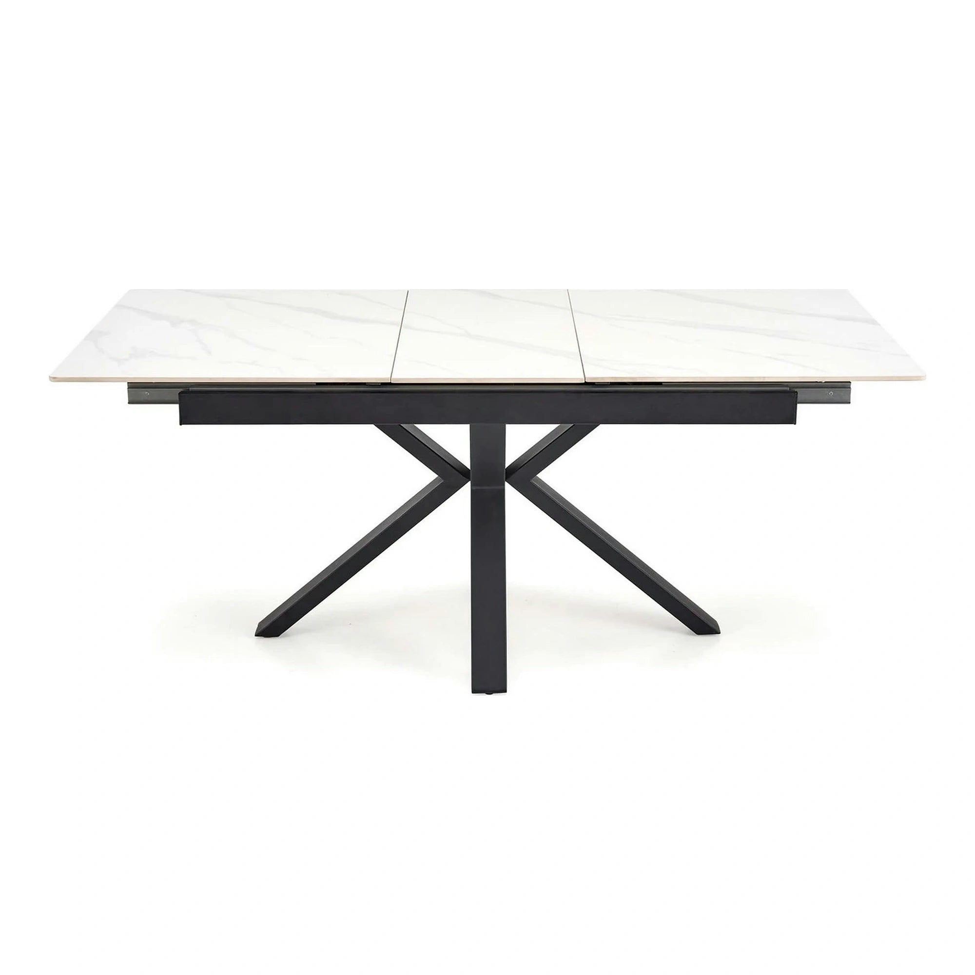 Masa extensibila PLATAN, alb cu efect de marmura/negru, piatra sinterizata/otel, 140/180x85x76 cm