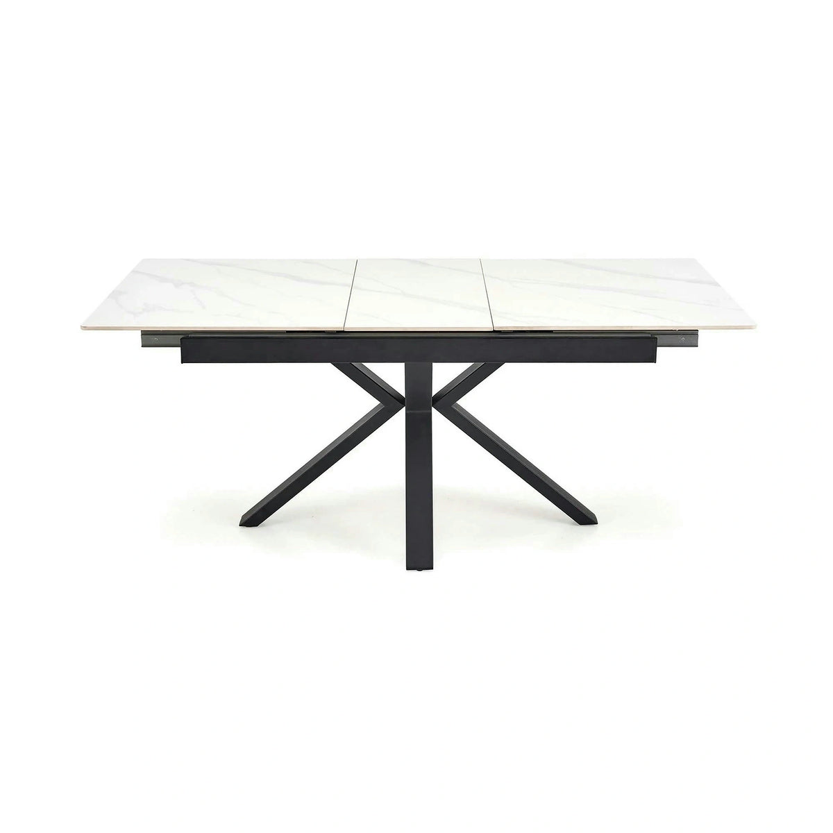 Masa extensibila PLATAN, alb cu efect de marmura/negru, piatra sinterizata/otel, 140/180x85x76 cm
