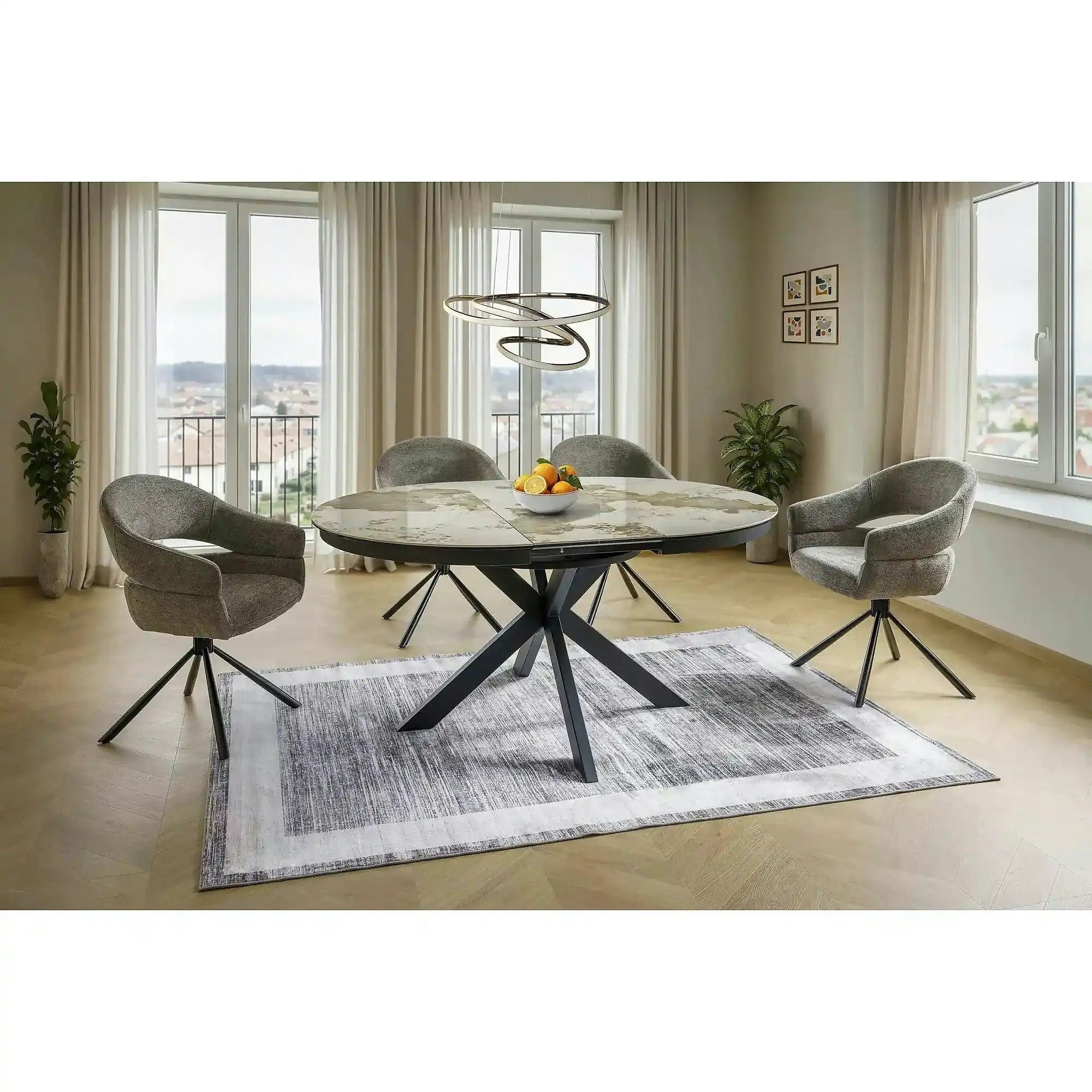 Masă extensibilă PORTO, alb lucios/negru, sticlă securizată/ceramică/metal, 120–160x120x76 cm