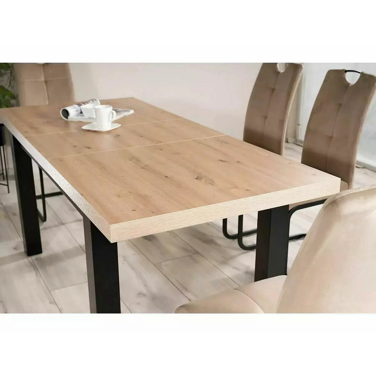 Masa extensibila PRESTO, stejar artisan/negru, PAL laminat, 140/218x80x78 cm